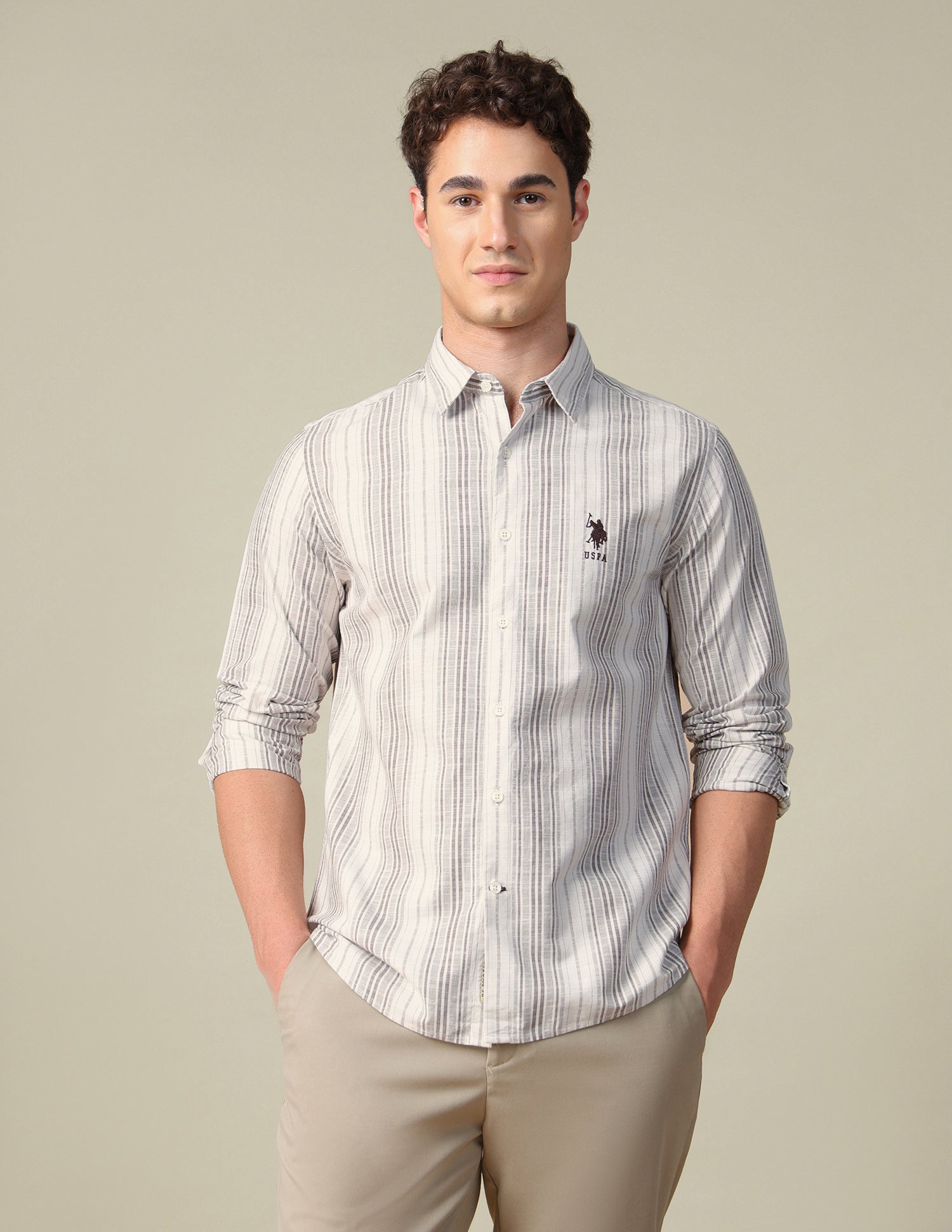 Vertical Striped Regular Fit Shirt Beige - U.S. Polo Assn. India | Large