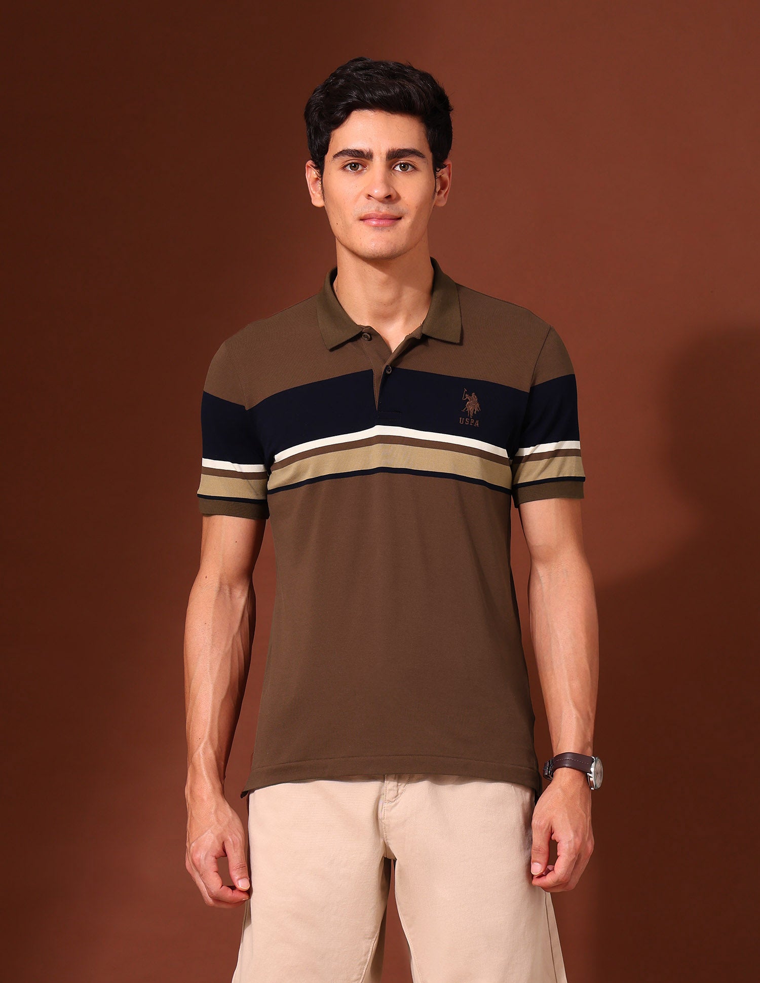 Horizontal Striped Slim Fit Varsity Polo Shirt Dark Brown - U.S. Polo Assn. India | Large