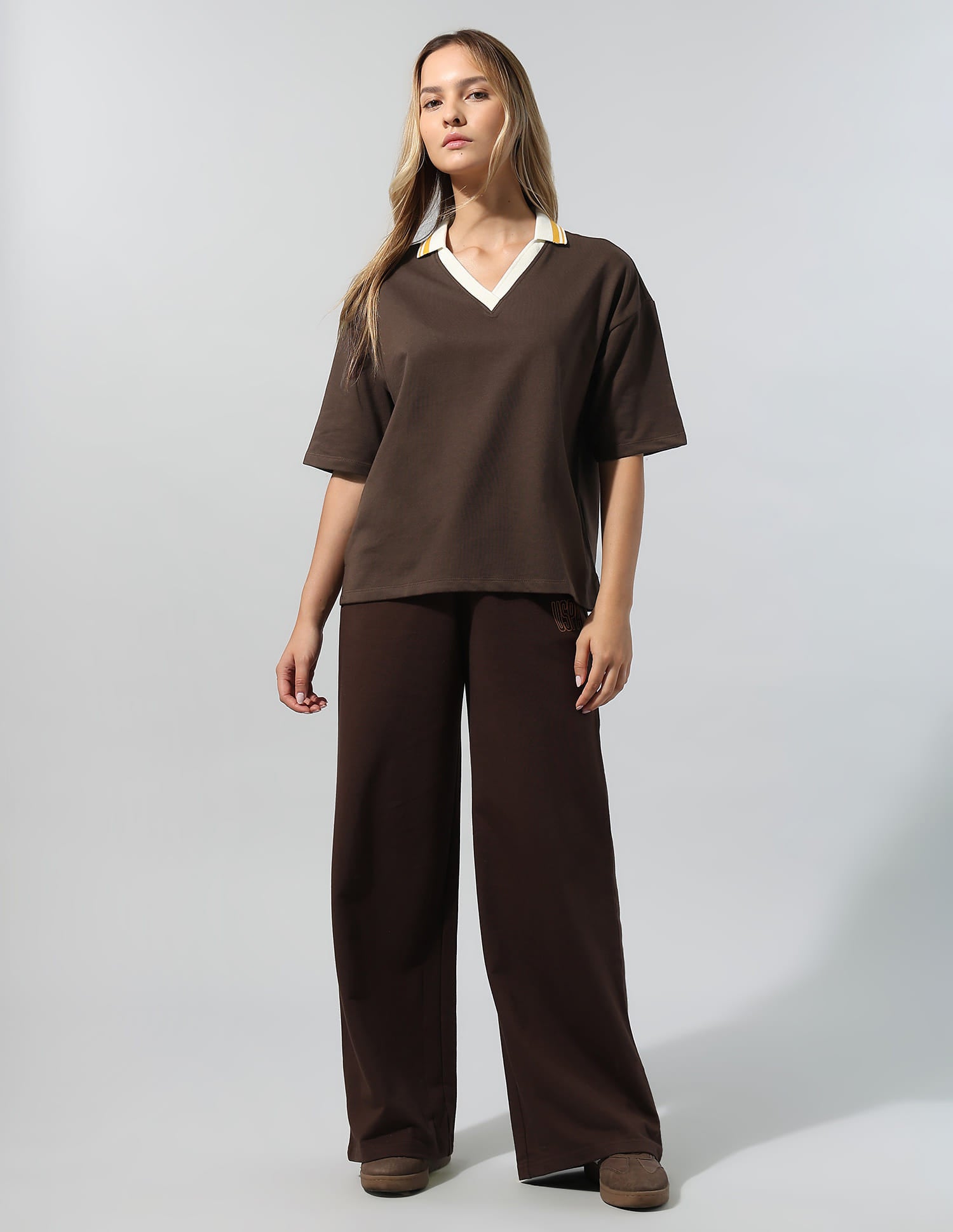 Polo Collar T-Shirt With Wide Leg Pants Brown - U.S. Polo Assn. India | Large