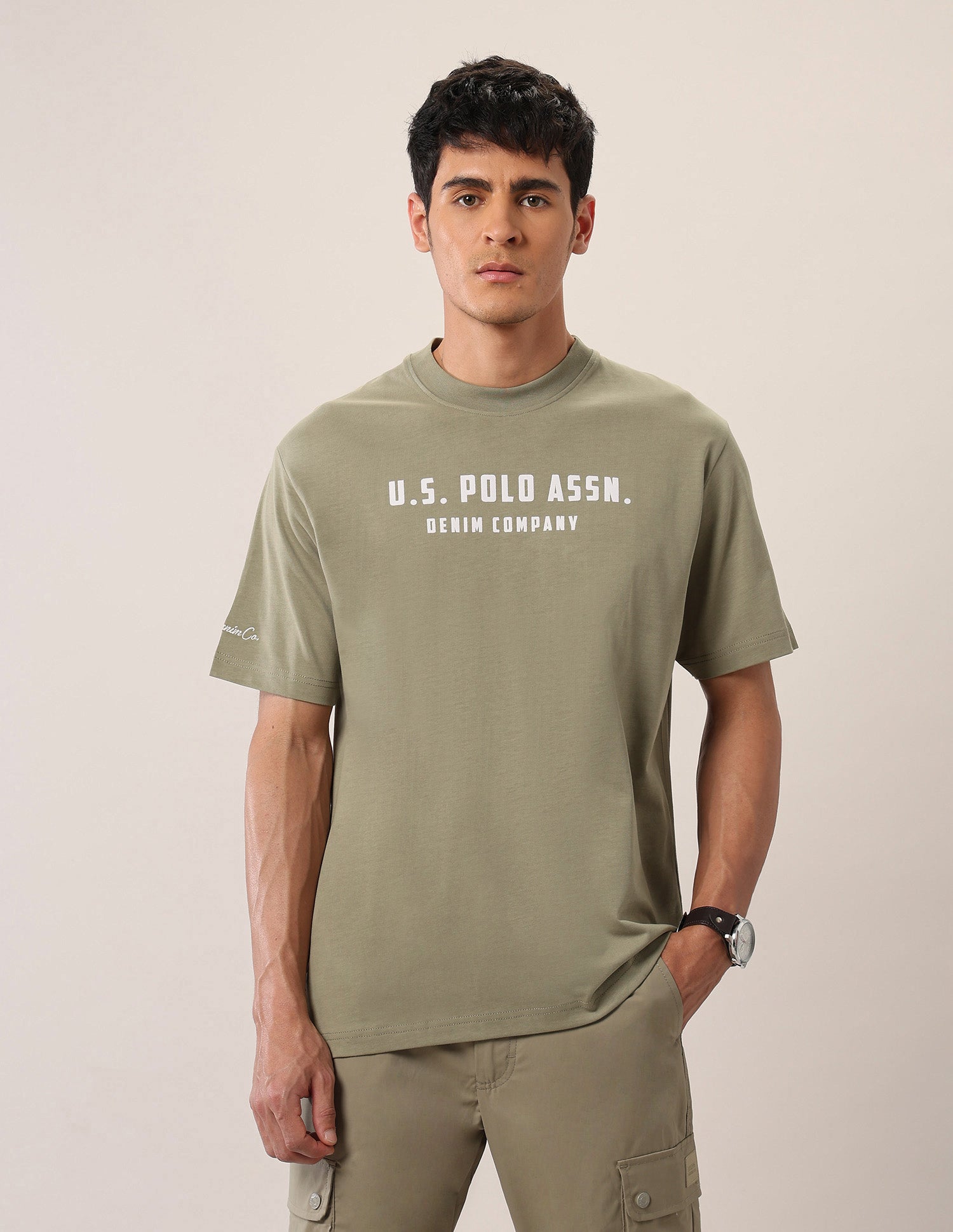Brand Printed Oversized Fit T-Shirt Light Olive - U.S. Polo Assn. India | Large