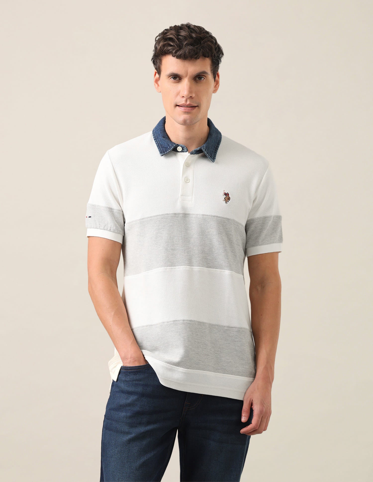 Colourblocked Slim Fit Polo Shirt Ivory - U.S. Polo Assn. India | Large