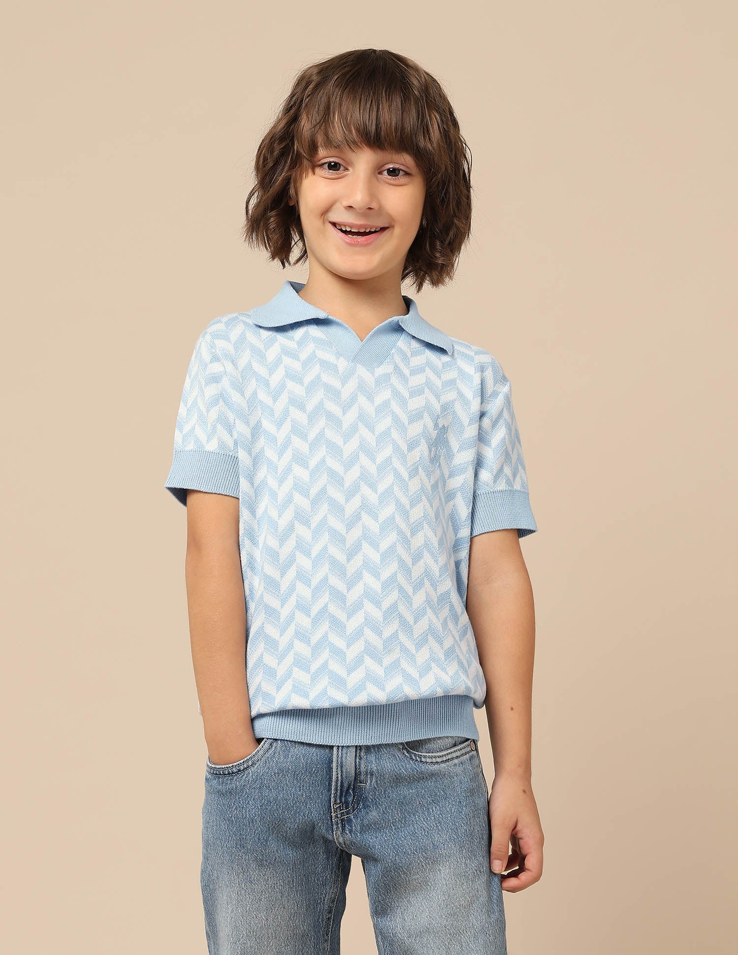 Boys Chevron Printed Regular Fit Polo Shirt White - U.S. POLO ASSN. | Large