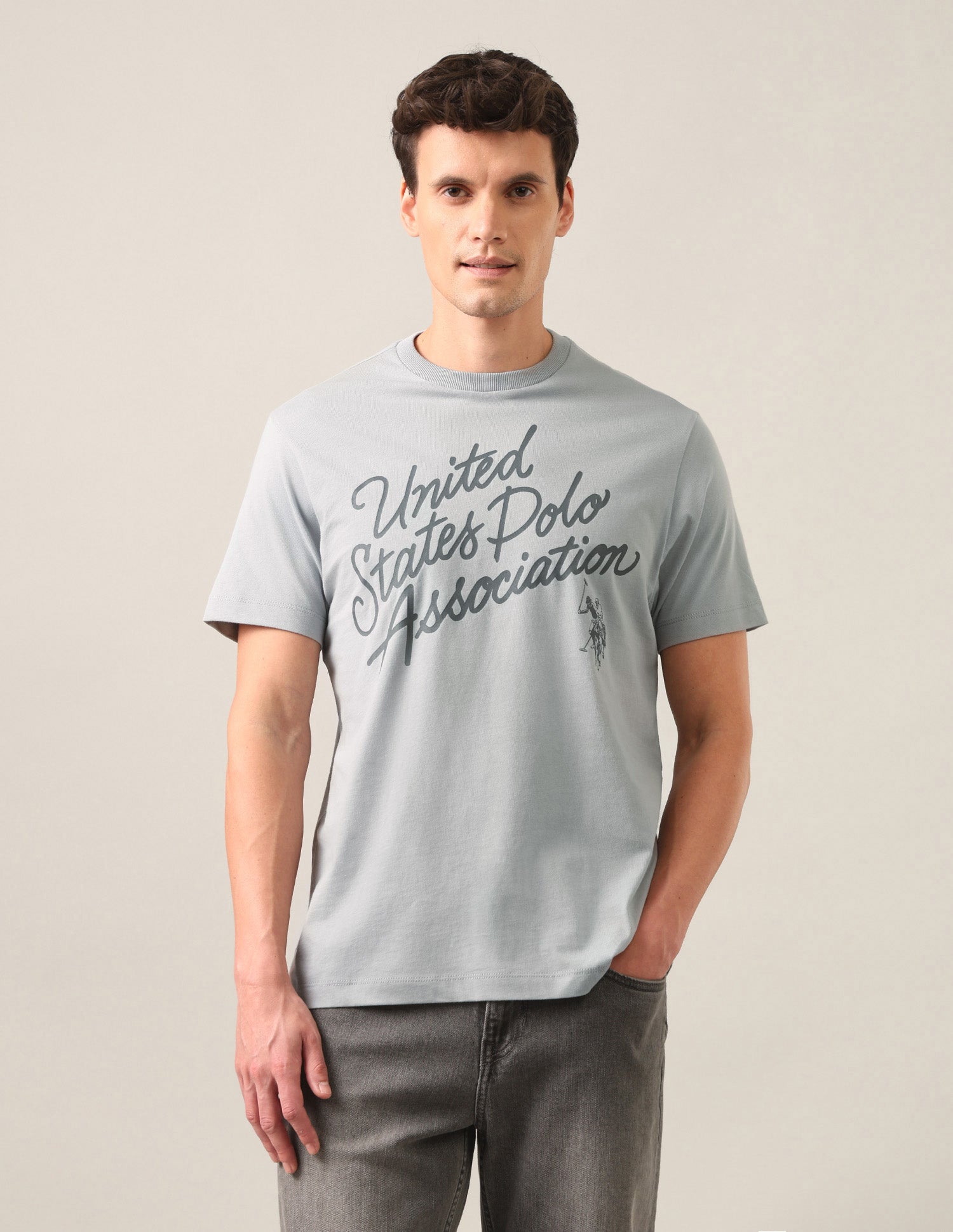 Typographic Brand Printed Regular Fit T-Shirt Grey - U.S. Polo Assn. India | Large