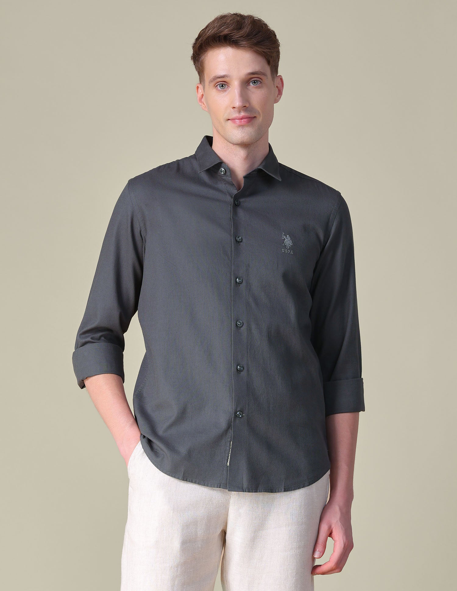 Dobby Regular Fit Shirt Mid Grey - U.S. POLO ASSN. | Large