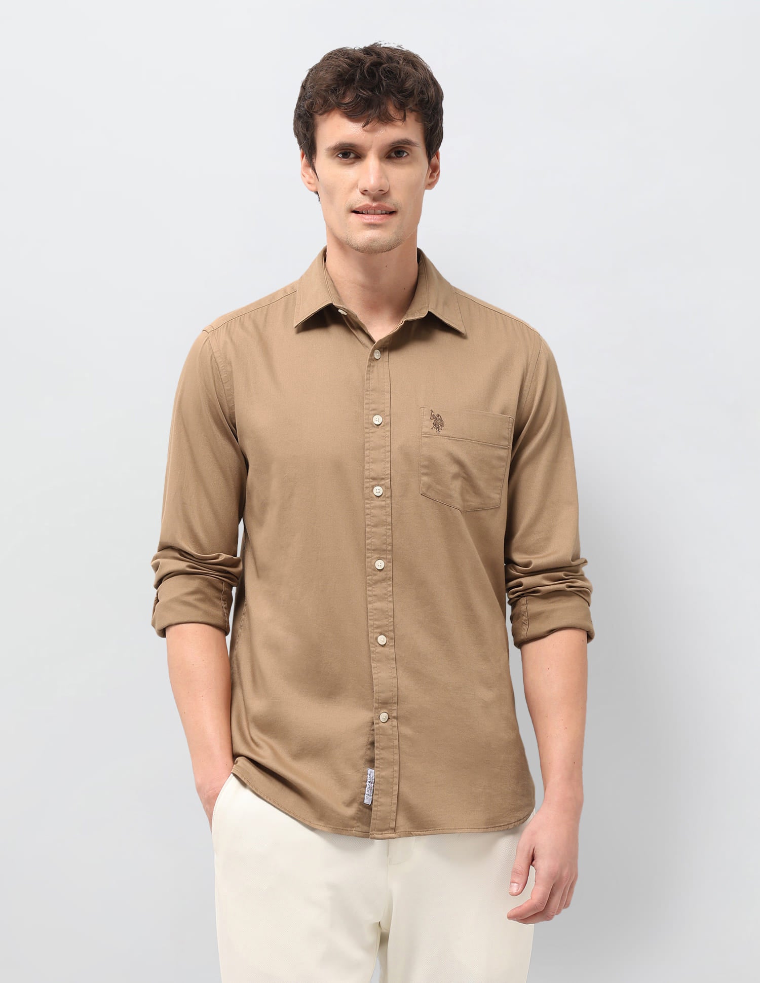Solid Tailored Fit Shirt Beige - U.S. Polo Assn. India | Large