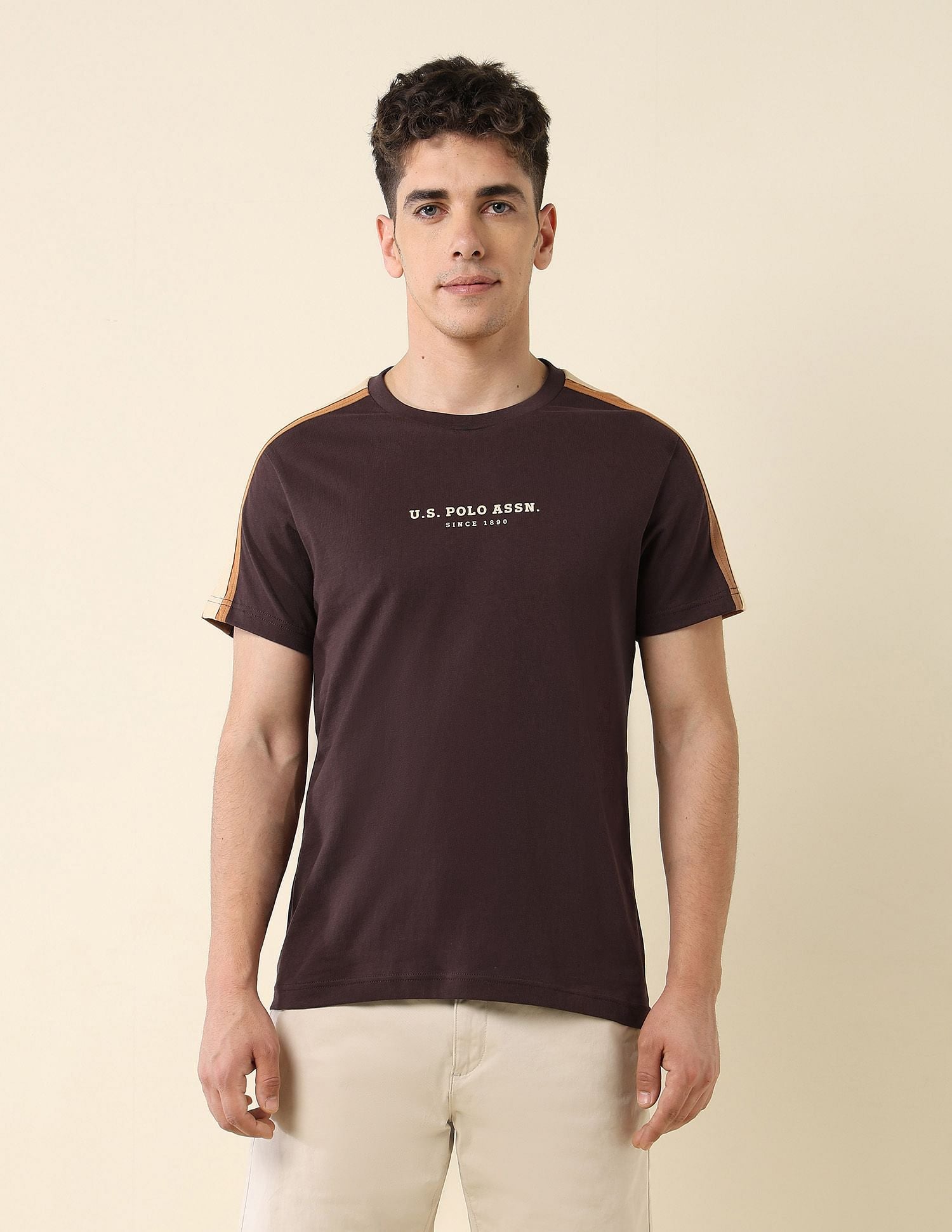 Contrast Taped Slim Fit T-Shirt Dark Brown - U.S. POLO ASSN. | Large