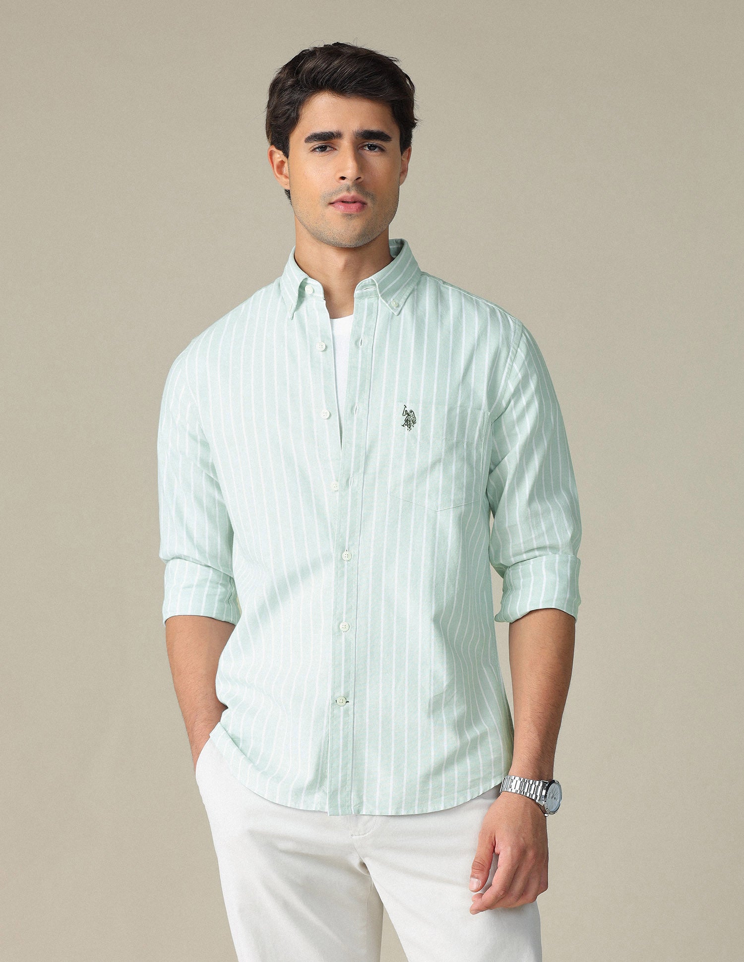 Vertical Striped Button Down Shirt Green - U.S. Polo Assn. India | Large