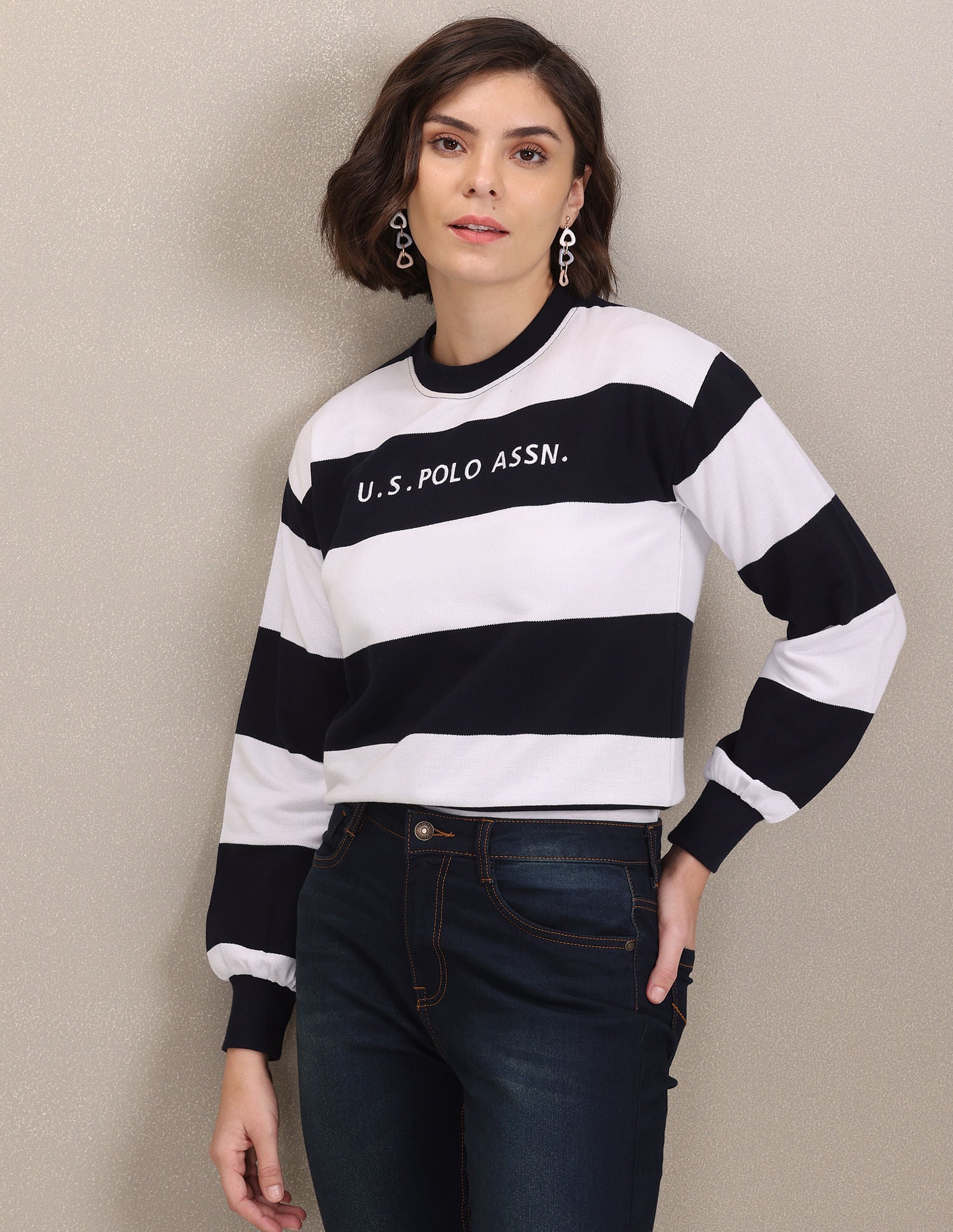 Crew Neck Horizontal Stripe Sweatshirt Navy and White - U.S. Polo Assn. India | Large