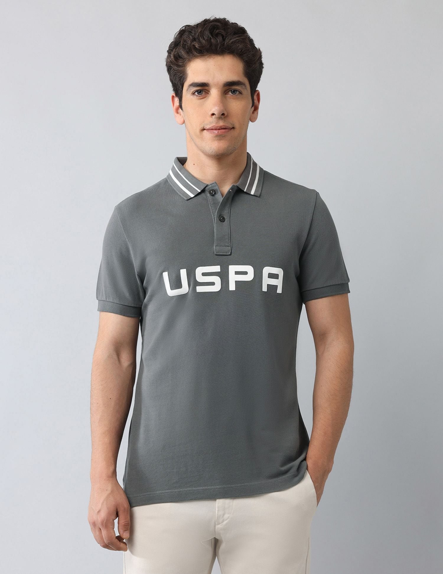 Muscle Fit Brand Printed Polo Shirt Dark Grey - U.S. Polo Assn. India | Large