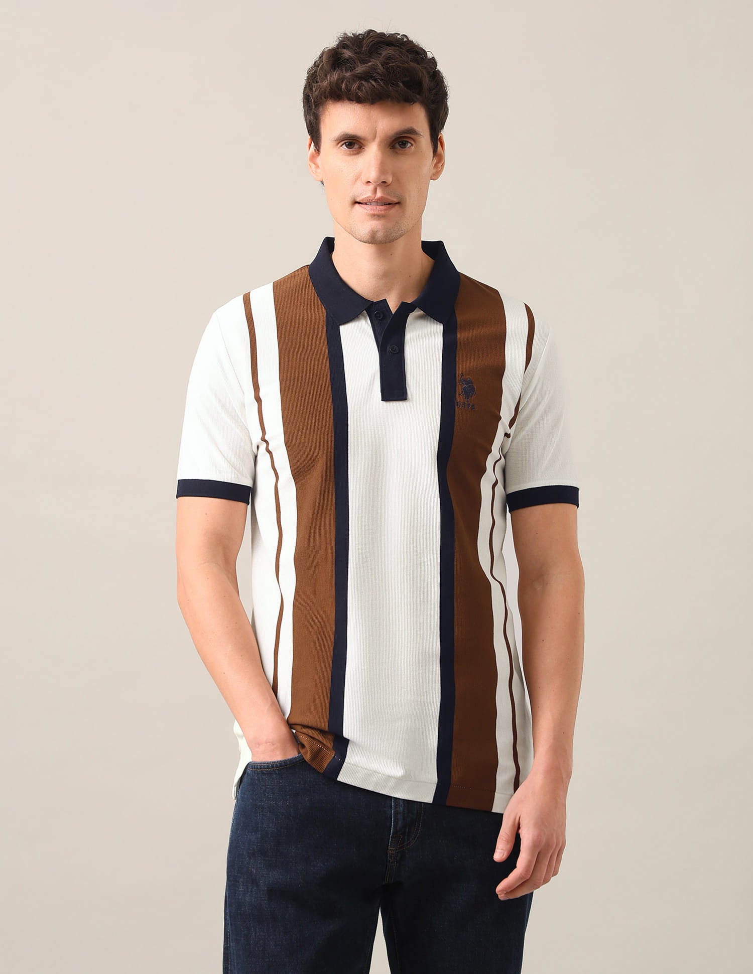 Vertical Striped Slim Fit Polo Shirt Brown - U.S. Polo Assn. India | Large