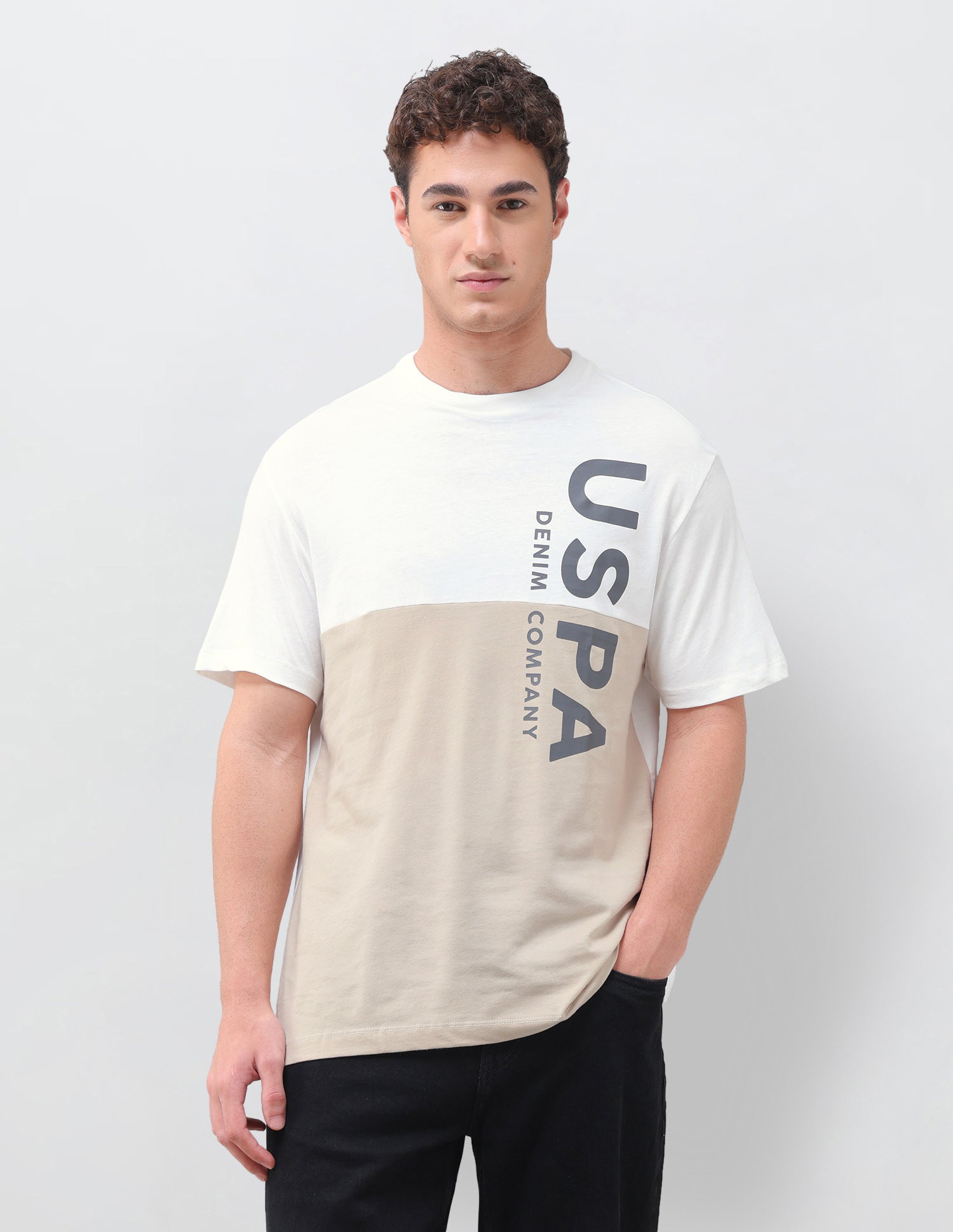 Colourblocked Brand Printed Regular Fit T-Shirt Ivory - U.S. Polo Assn. India | Large