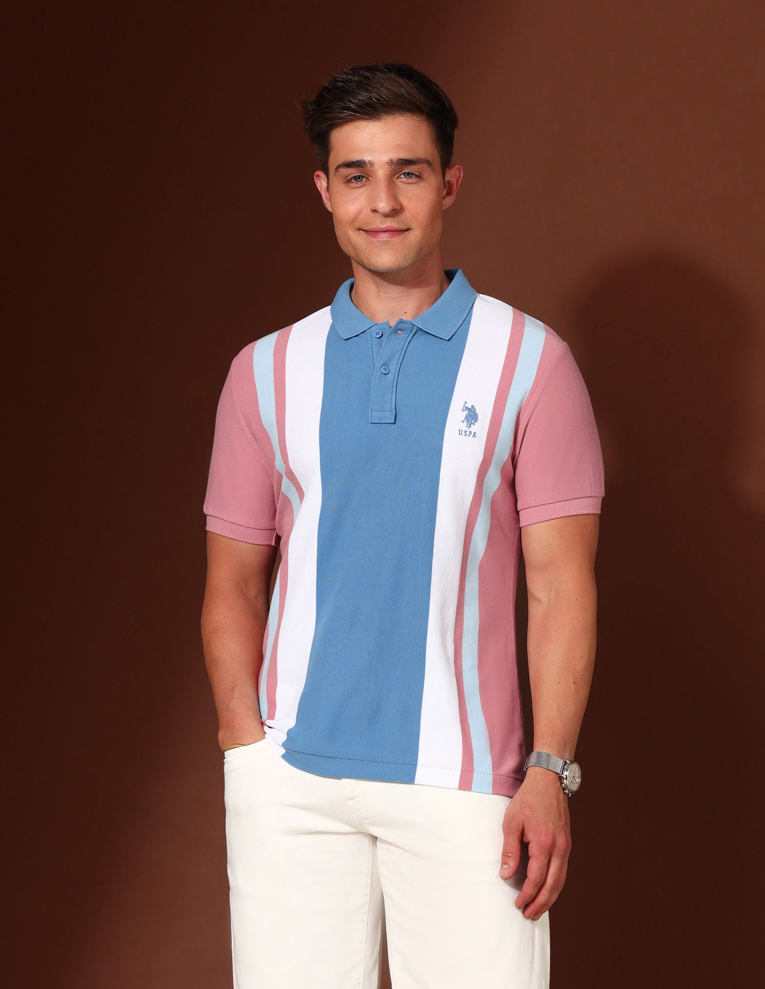 Vertical Striped Working Holiday Polo Shirt Dark Pink - U.S. Polo Assn. India | Large