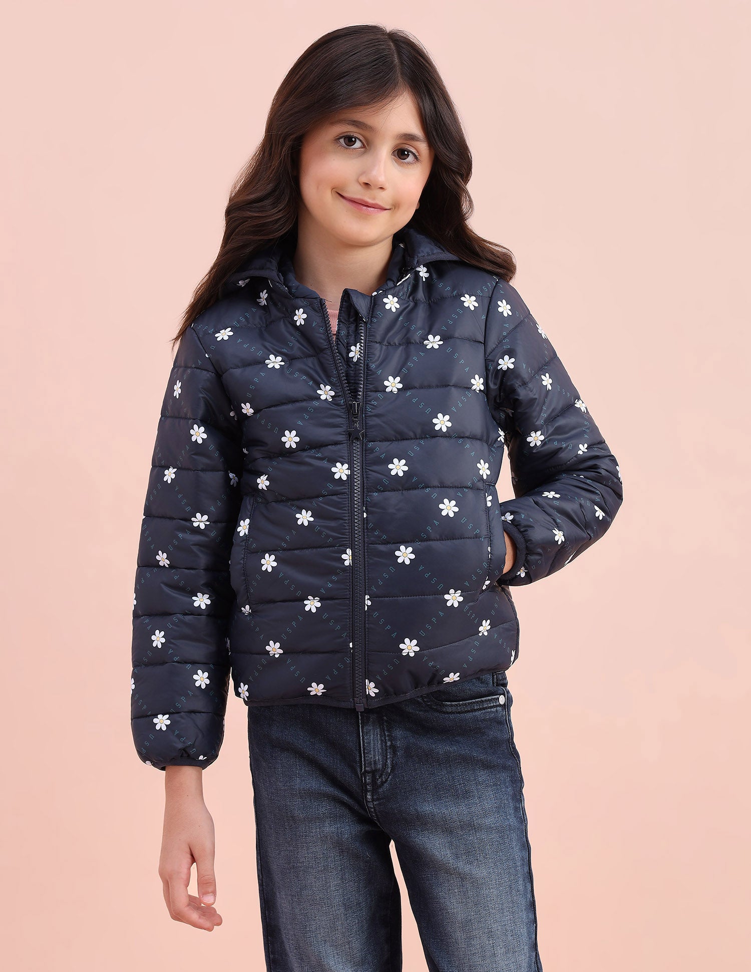 Floral Logo Printed Puffer Jacket Navy - U.S. POLO ASSN. | Large