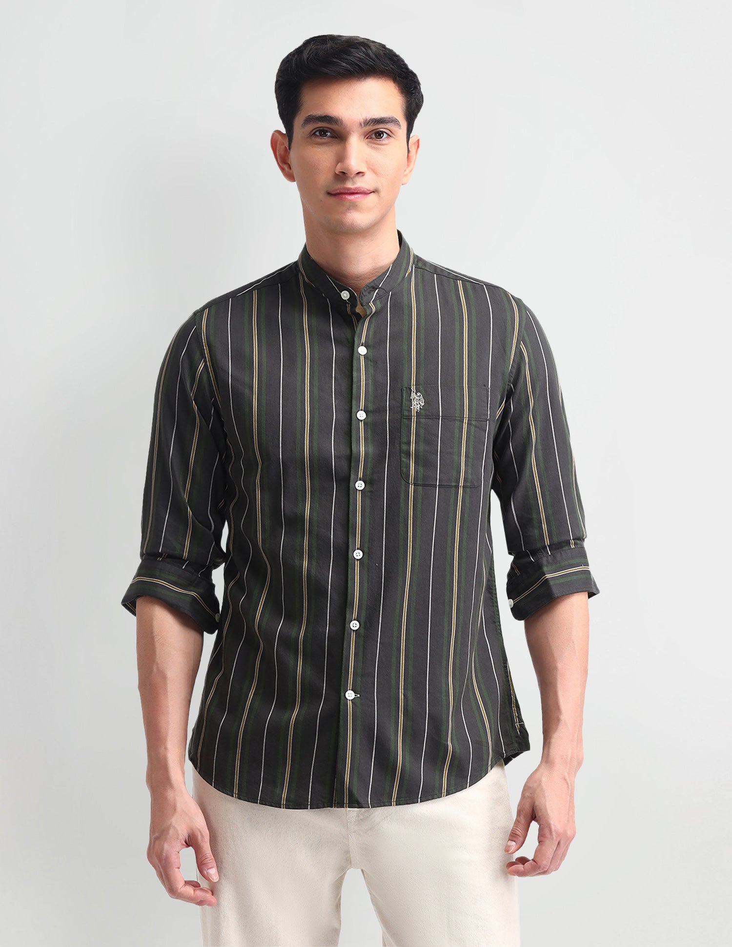 Vertical Striped Slim Fit Shirt Dark olive - U.S. POLO ASSN. | Large