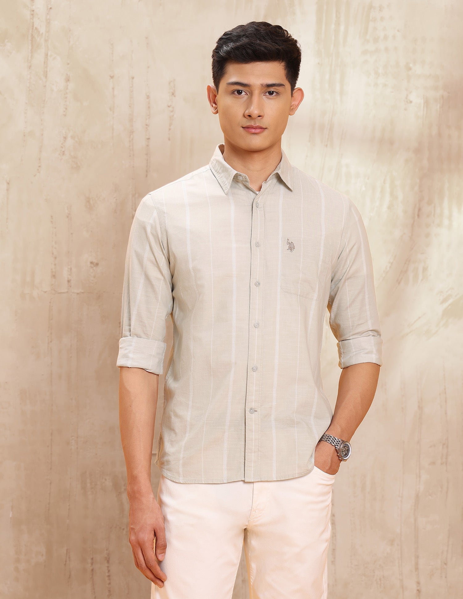 Vertical Striped Pure Cotton Shirt Light Khaki - U.S. POLO ASSN. | Large
