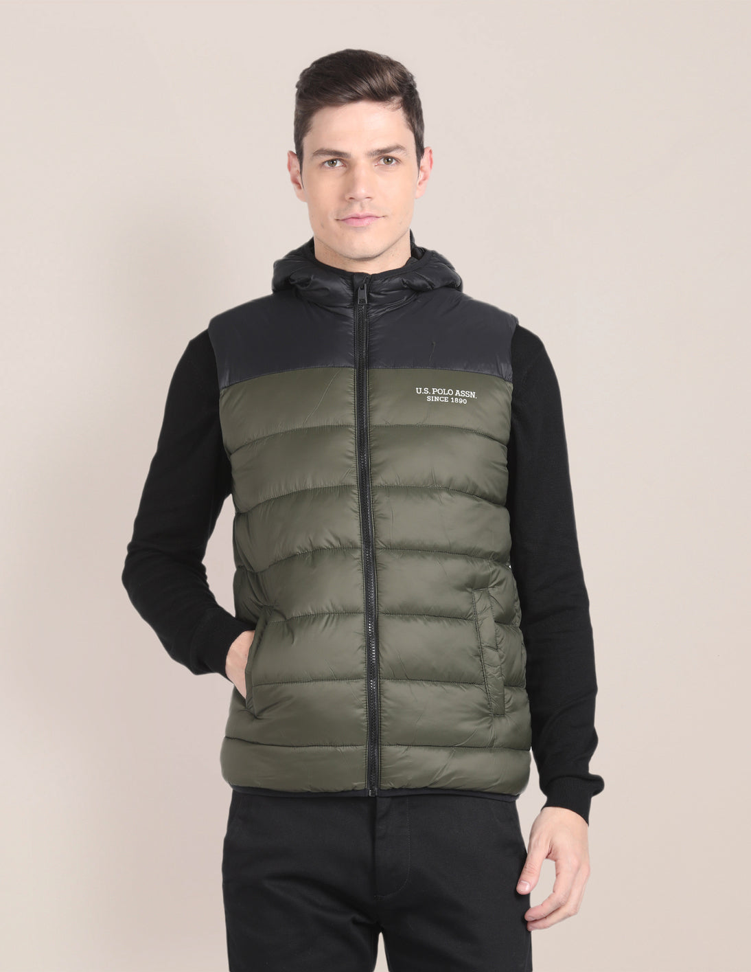 Colour Blocked Hooded Puffer Jacket Olive - U.S. POLO ASSN. | Large