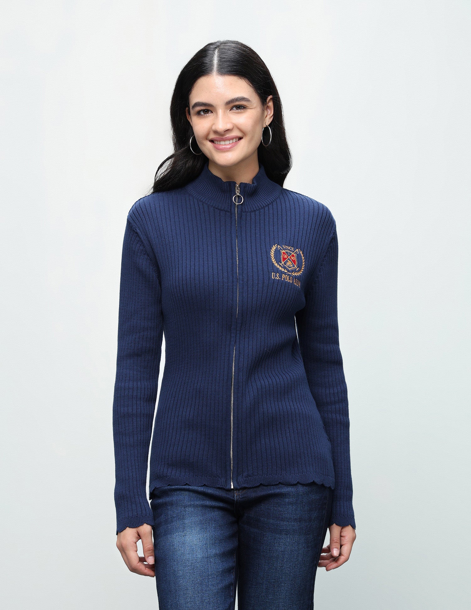 Patterned Knit Regular Fit Zipper Sweater Navy - U.S. Polo Assn. India | Large