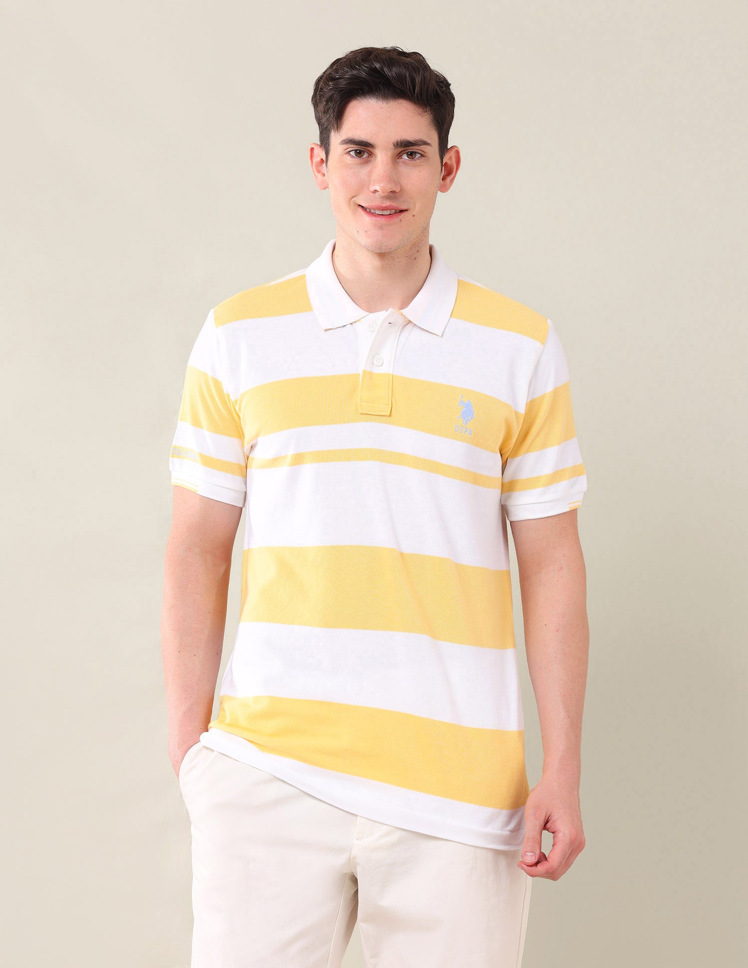 Horizontal Stripes Pure Cotton Polo Shirt Light Yellow - U.S. Polo Assn. India | Large