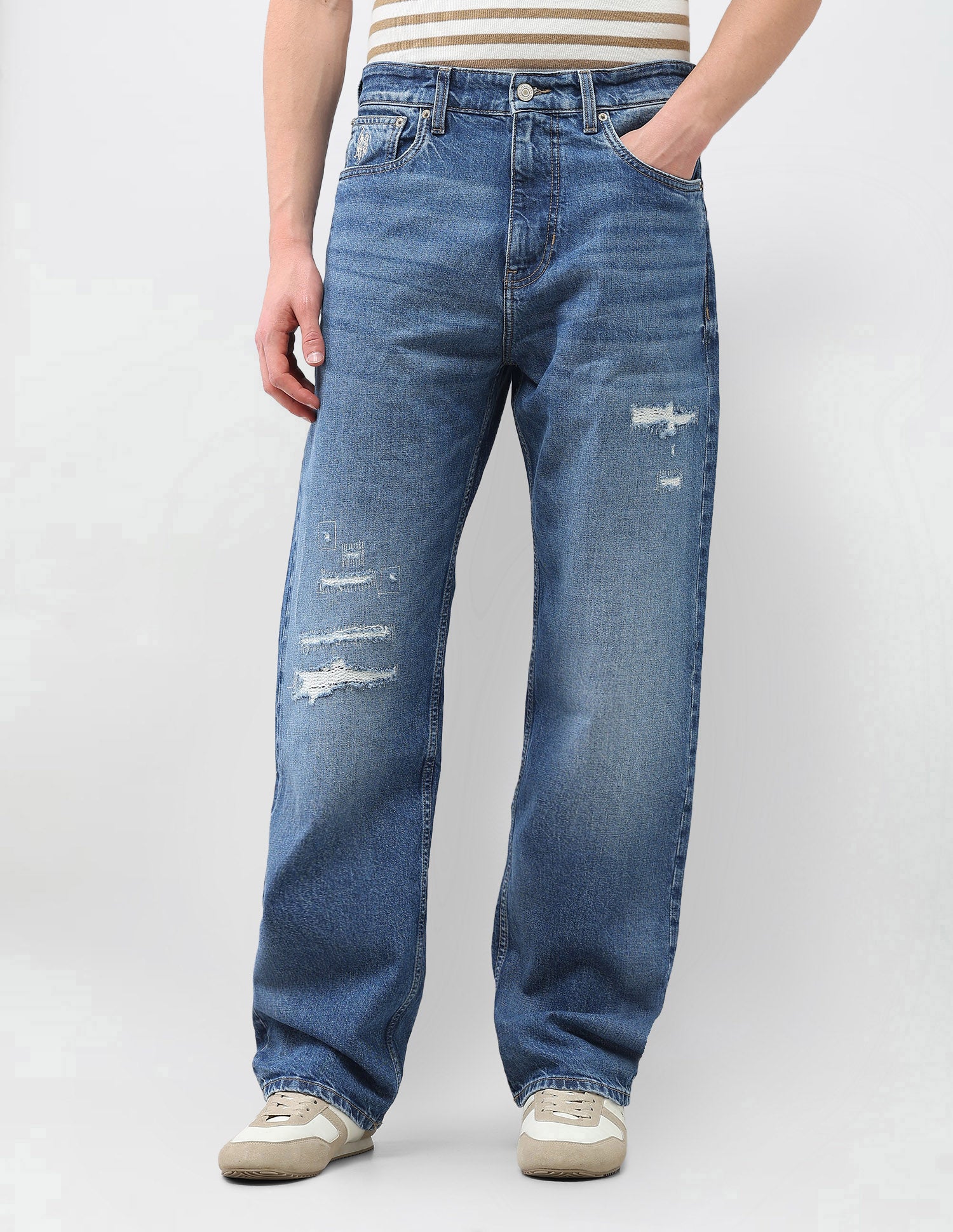 Logan Loose Straight Fit Blue Distressed Jeans Mid Blue - U.S. Polo Assn. India | Large