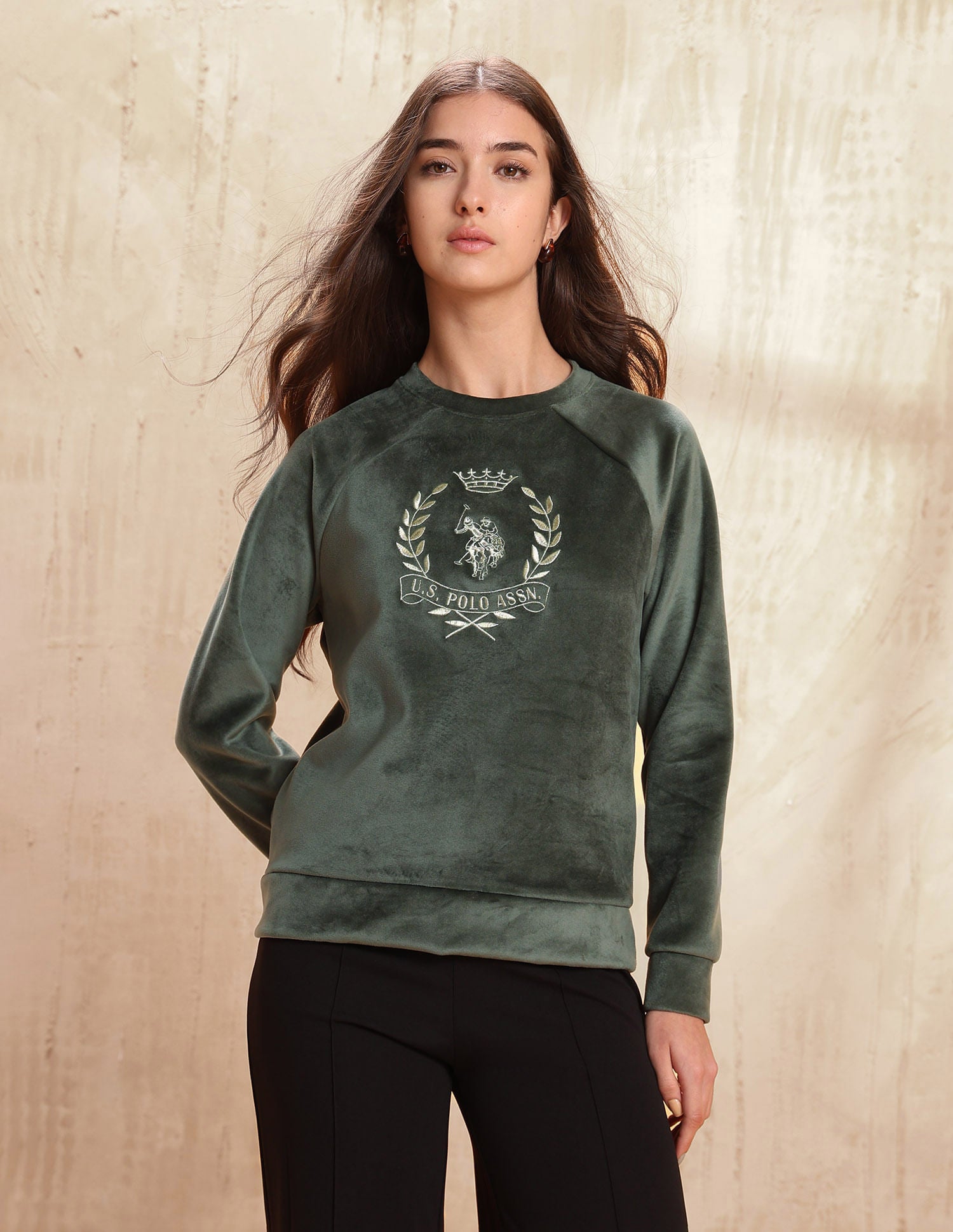 Relaxed Fit Velvet Sweatshirt Green - U.S. POLO ASSN. | Large