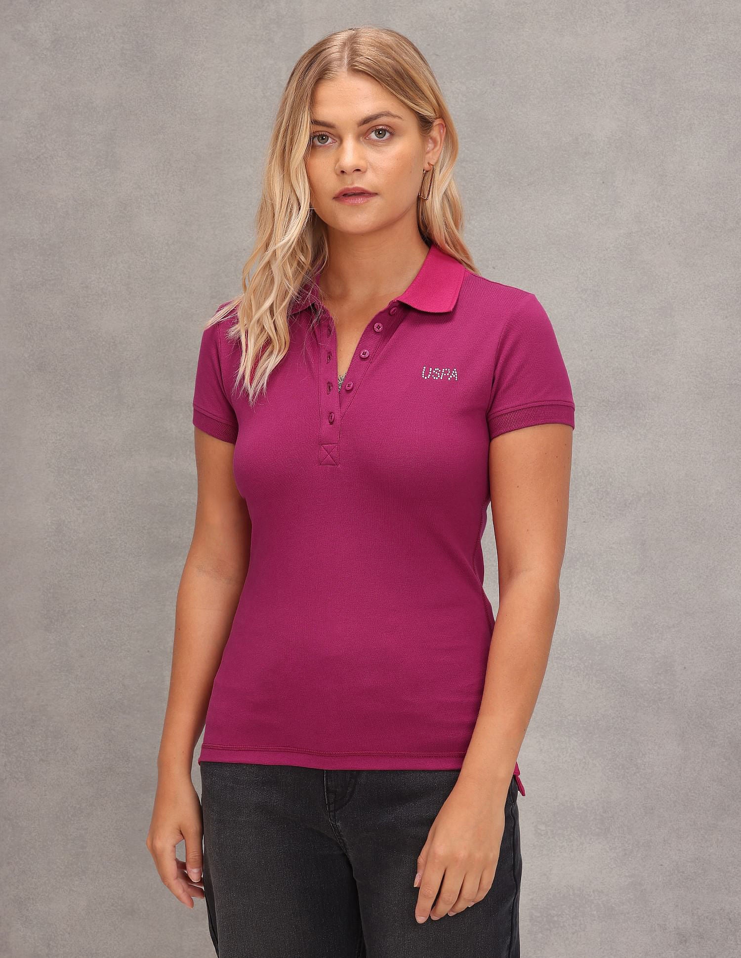 Brand Logo Solid Pique Polo Shirt Fuchsia - U.S. POLO ASSN. | Large