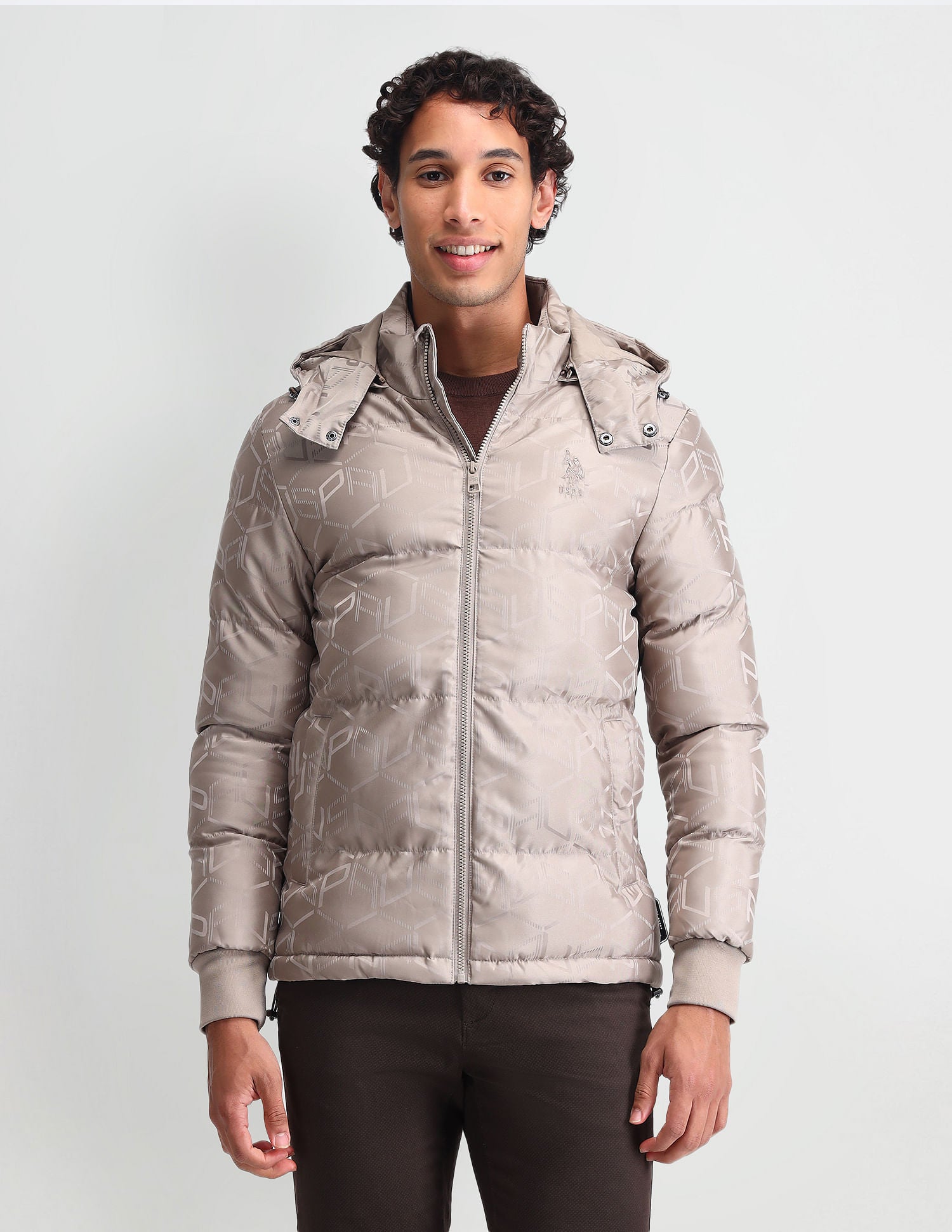 Detachable Hood Padded Jacket Beige Jacquard - U.S. Polo Assn. India | Large