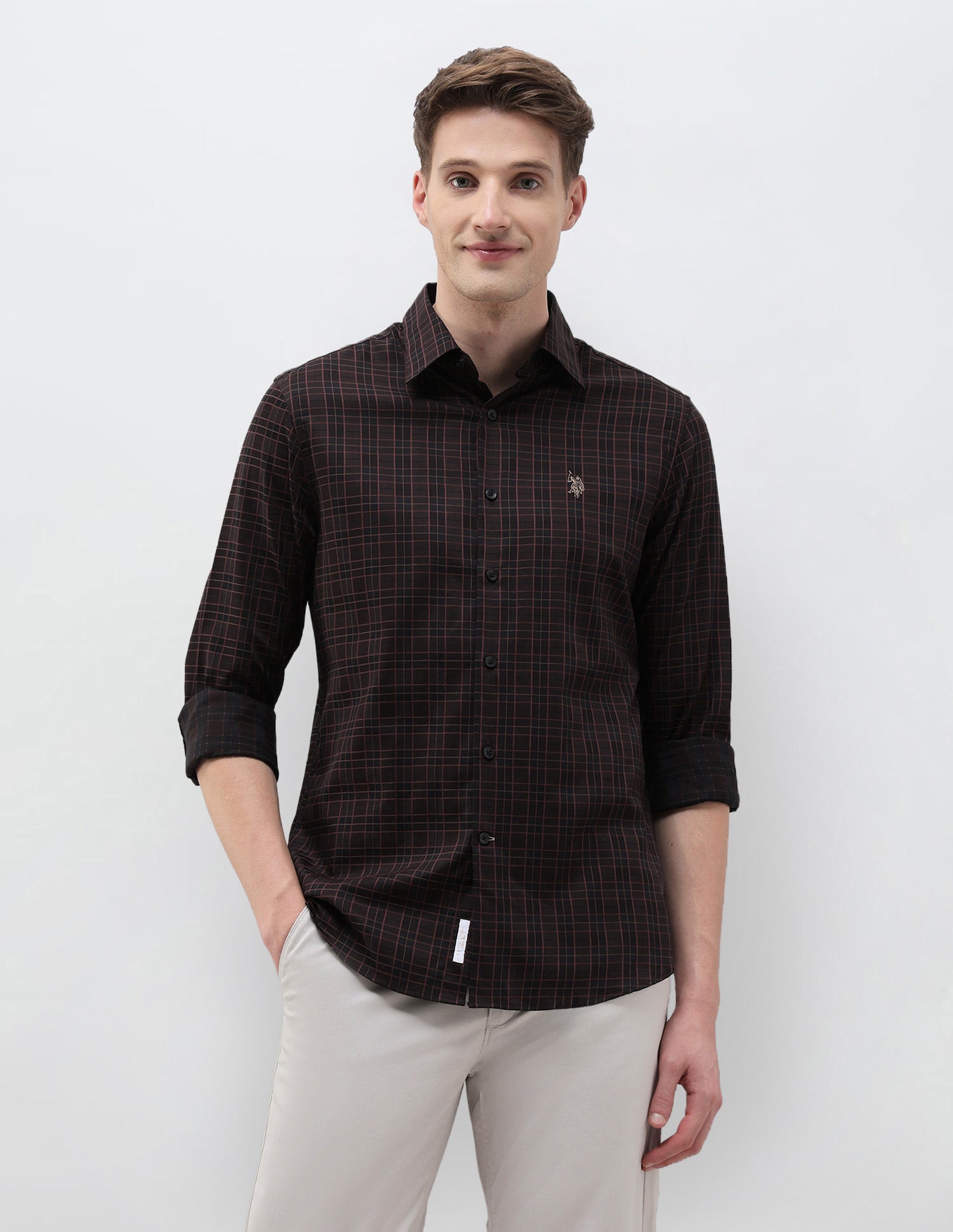 Graph Checked Tailored Fit Shirt Brown - U.S. POLO ASSN. | Large