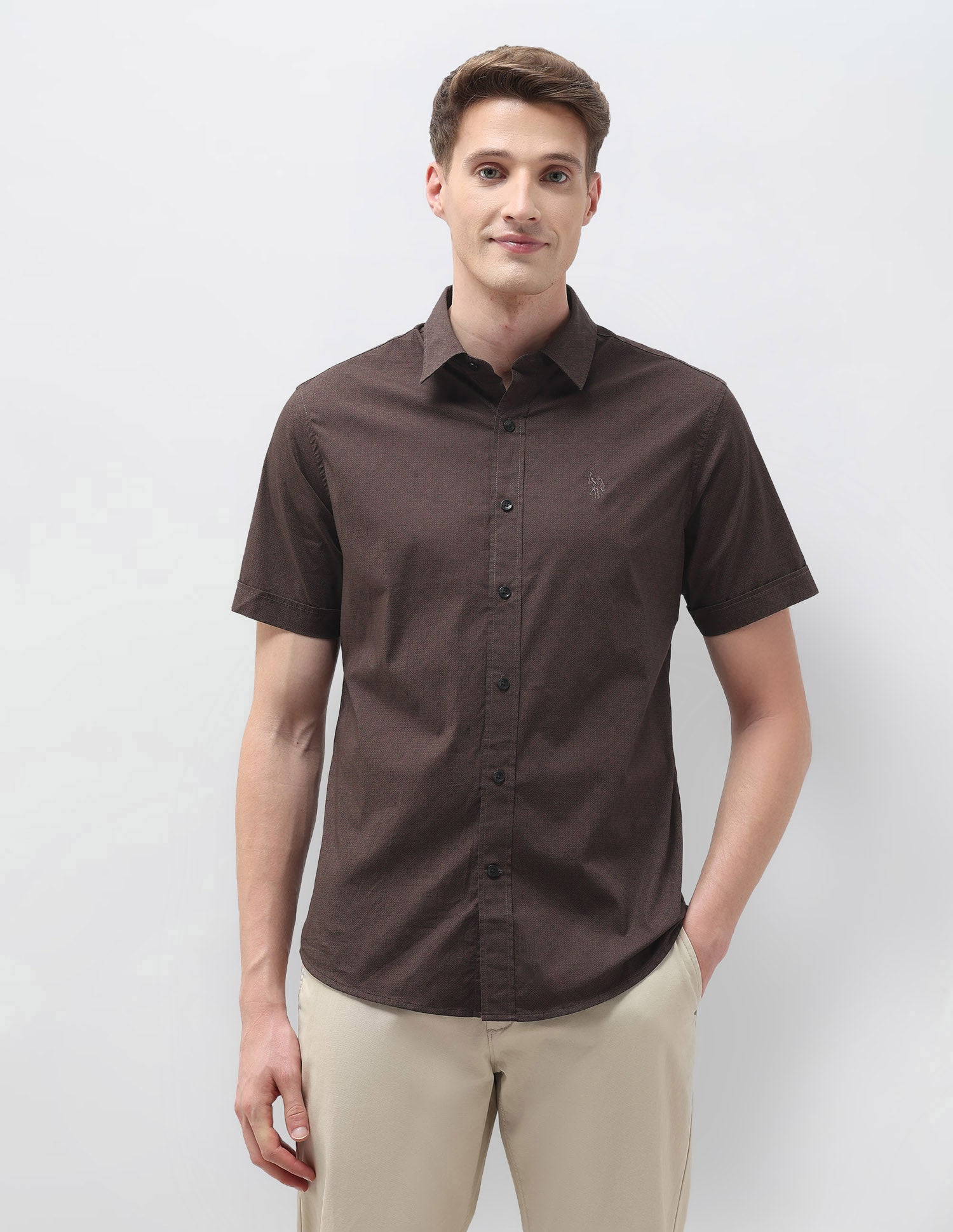 Geometric Printed Tailored Fit Shirt Brown - U.S. Polo Assn. India | Large