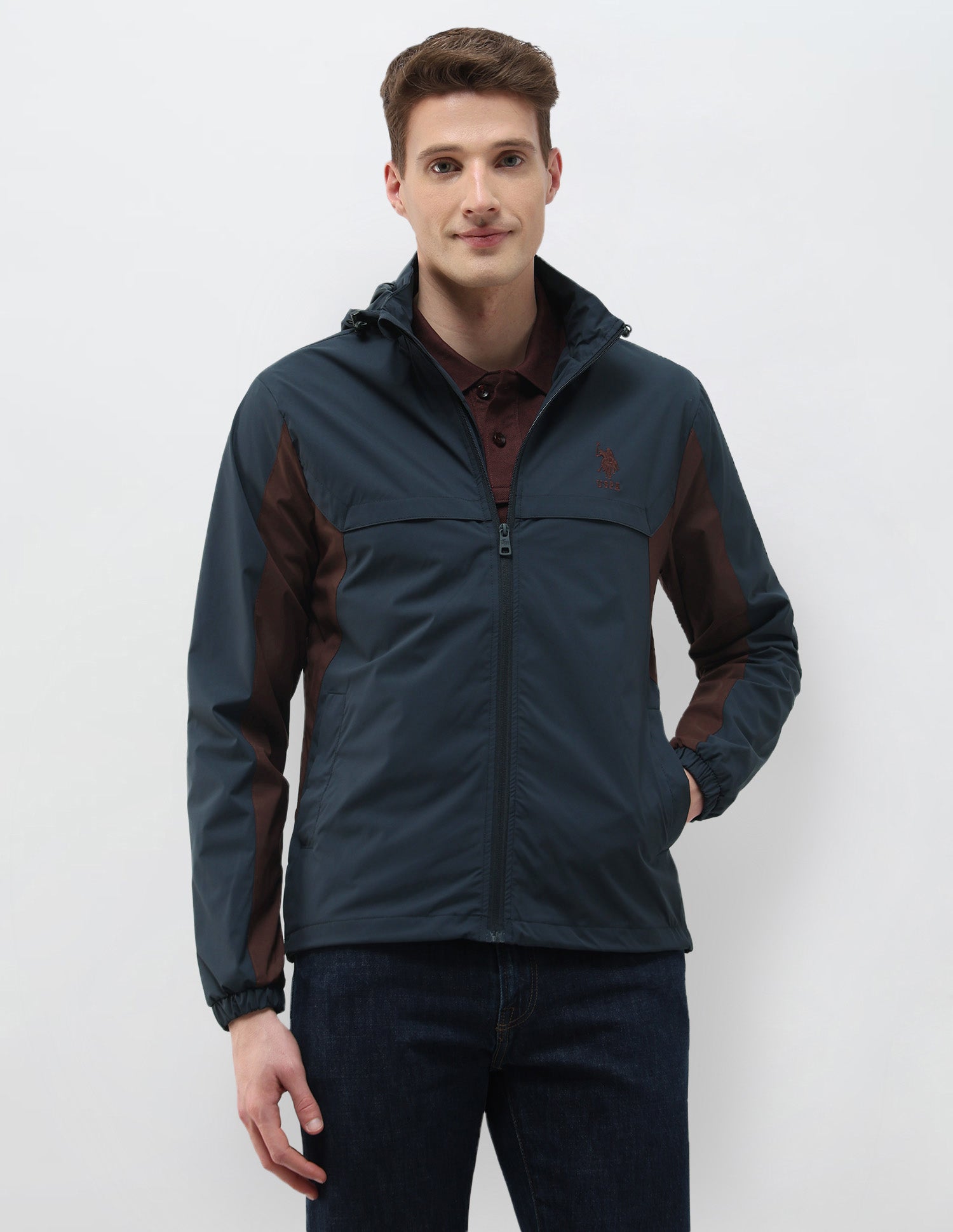 Packable Detachable Hood Colour Blocked Jacket Teal - U.S. Polo Assn. India | Large