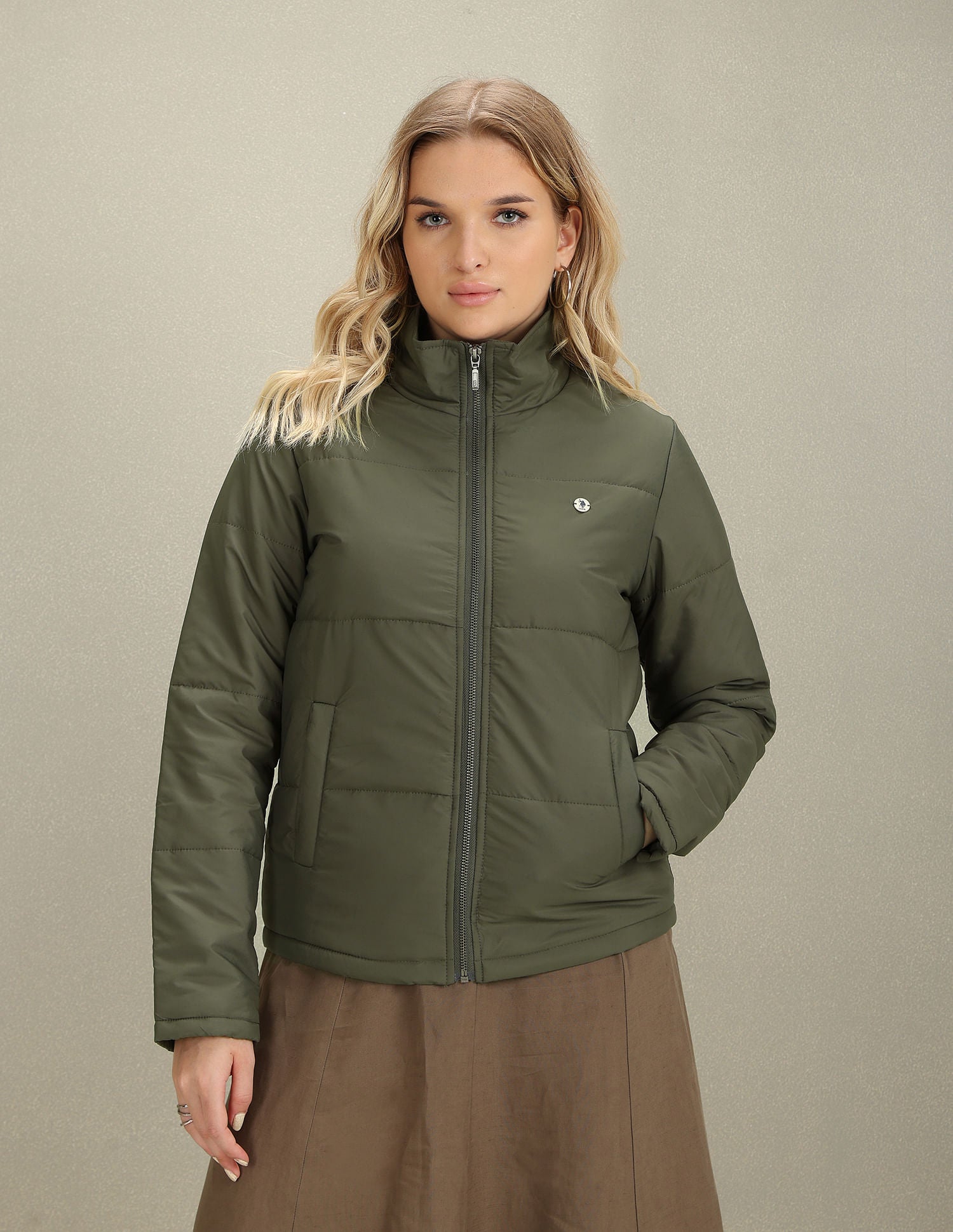 High Neck Solid Puffer Jacket Olive - U.S. Polo Assn. India | Large
