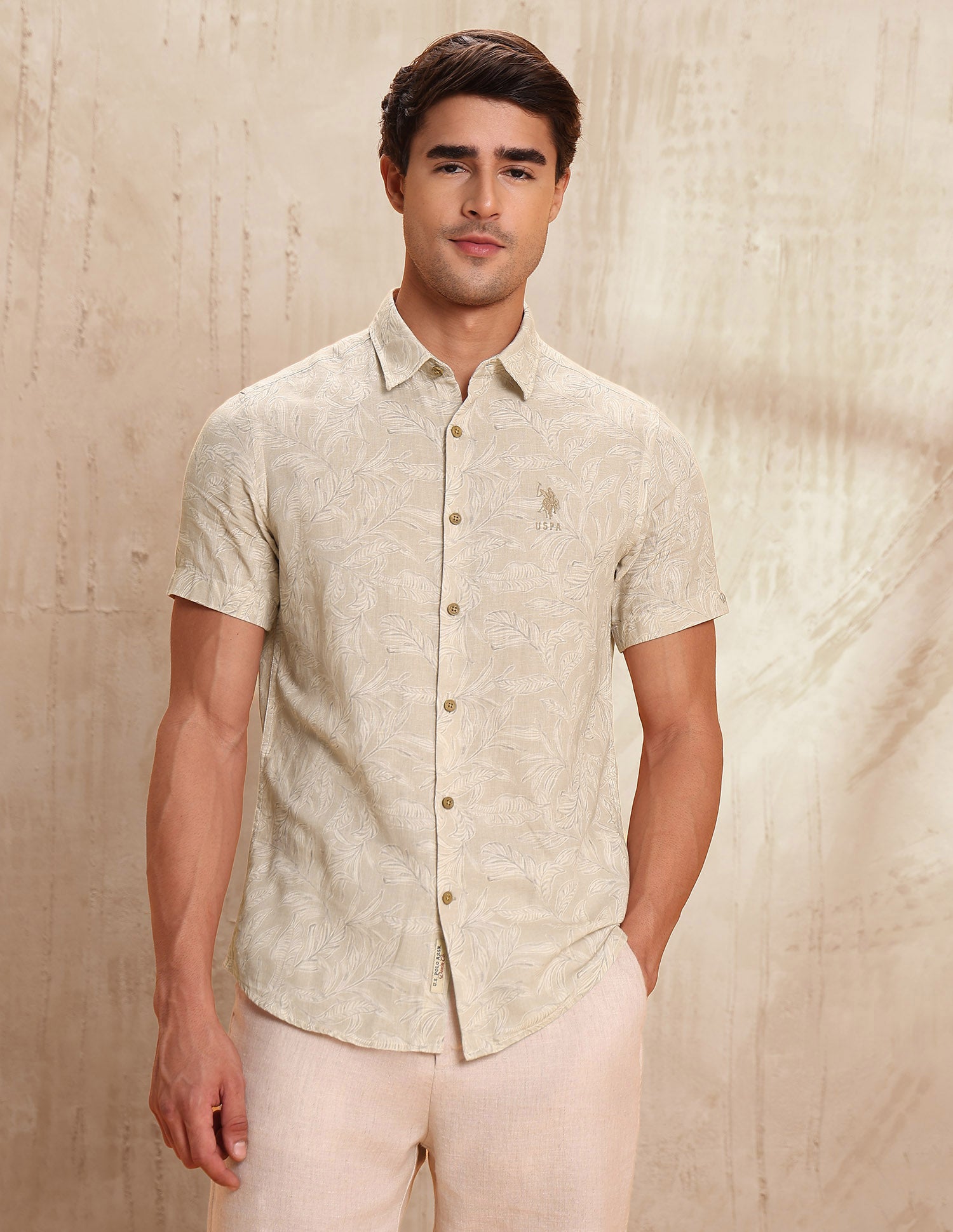 Tropical Printed Slim Fit Shirt Beige - U.S. POLO ASSN. | Large