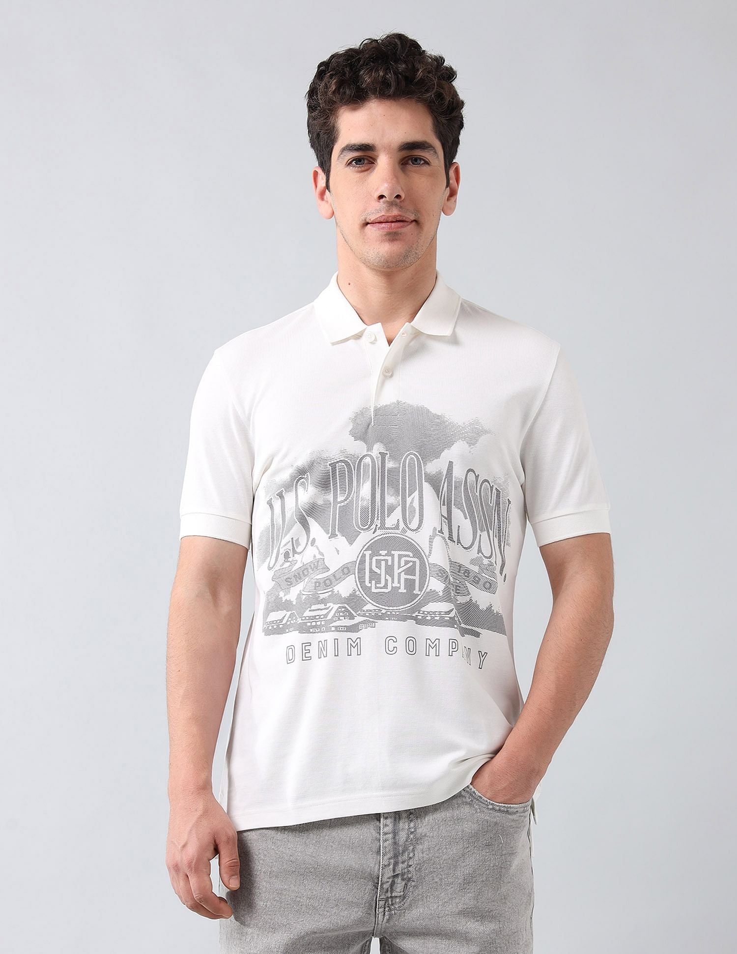 Muscle Fit Brand Printed Polo Shirt Ivory - U.S. Polo Assn. India | Large