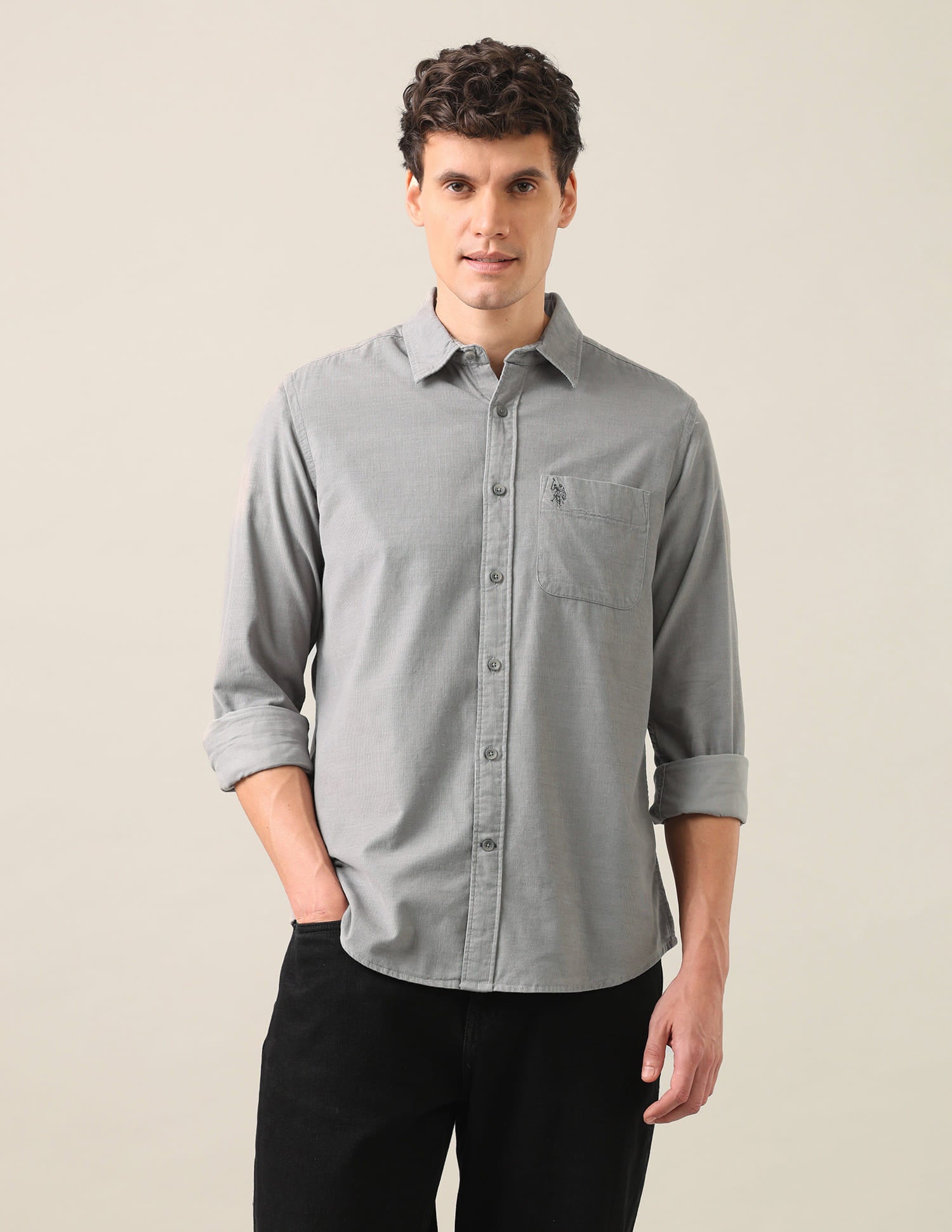 Solid Corduroy Shirt Light Grey - U.S. Polo Assn. India | Large