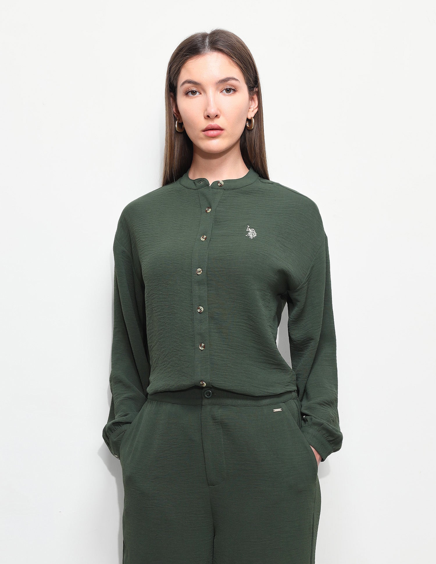 Solid Relaxed Fit Mandarin Shirt Olive - U.S. Polo Assn. India | Large