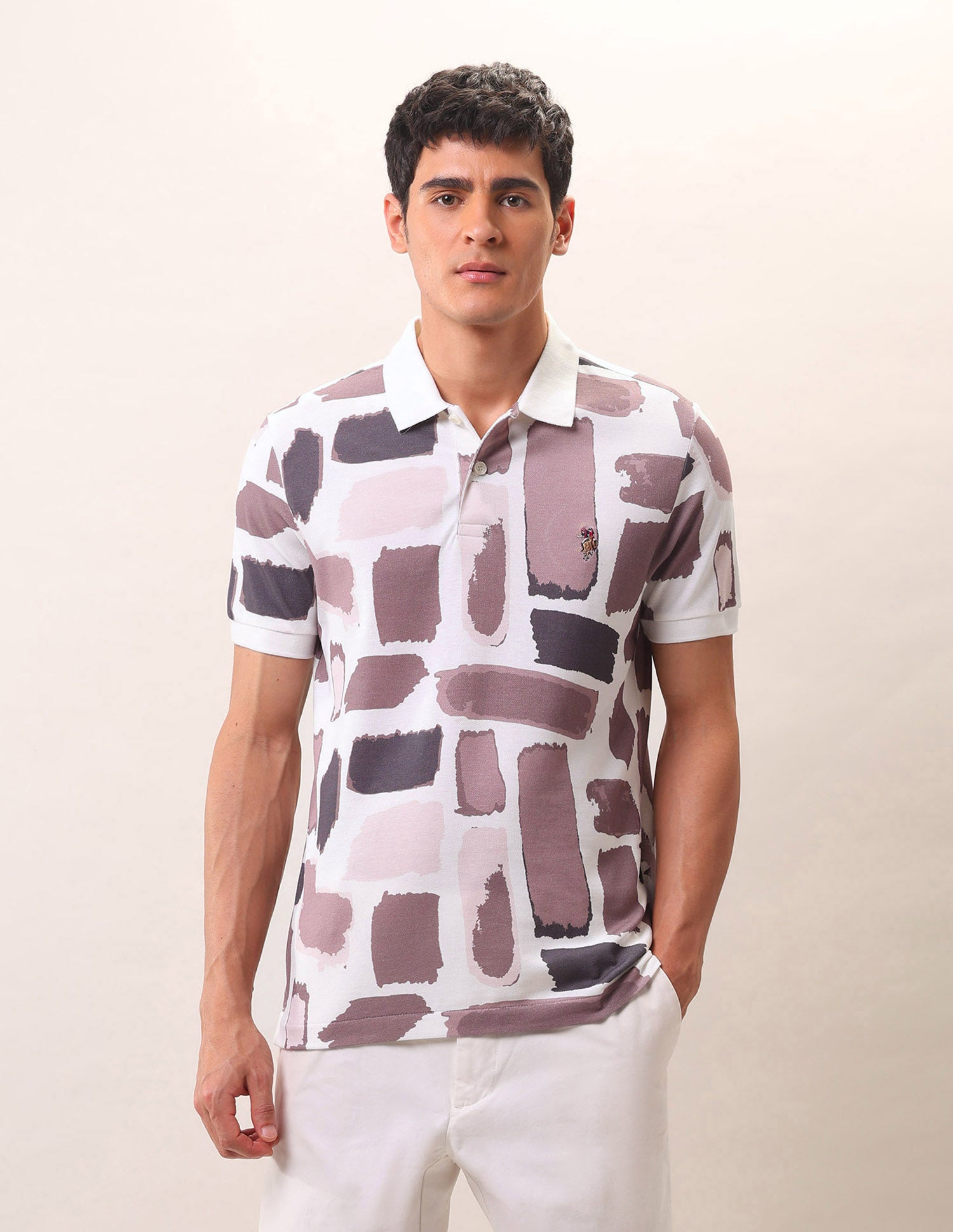 Abstract Printed Pure Cotton Polo Shirt Ivory - U.S. Polo Assn. India | Large