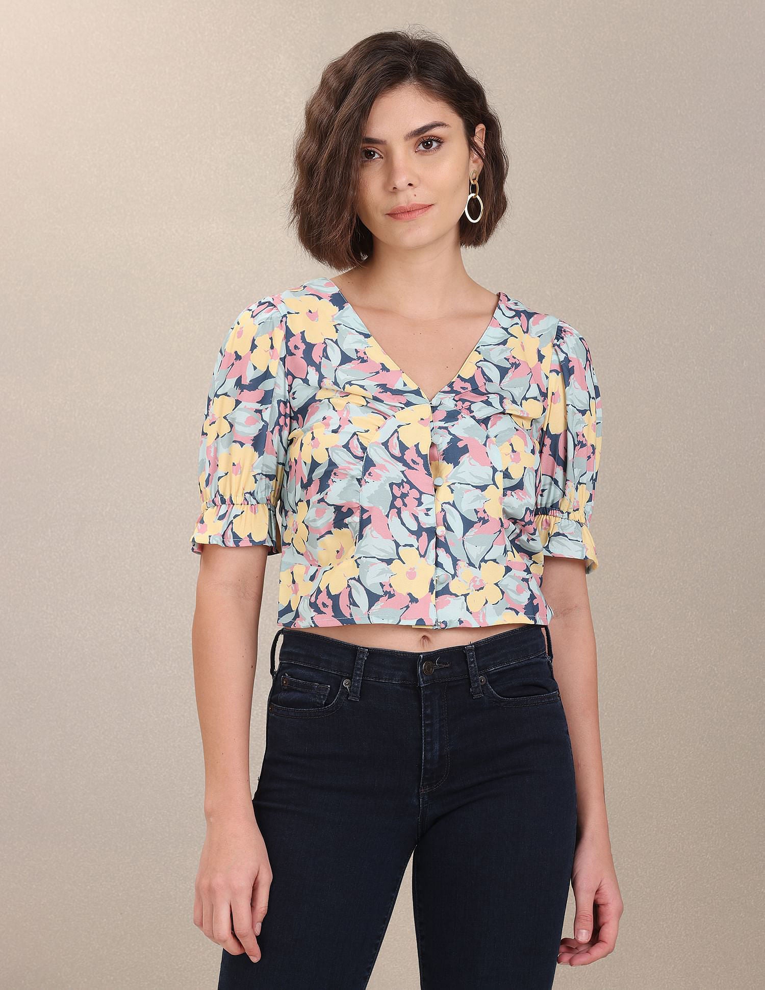 V-Neck Puff Sleeve Crop Top Yellow, Pink and Blue - U.S. Polo Assn. India | Large