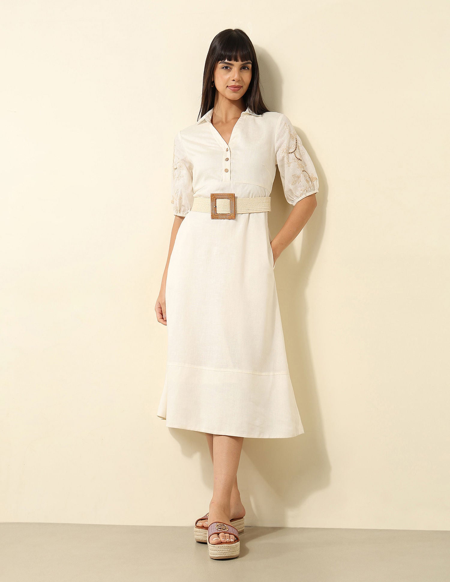 Viscose Linen A-Line Midi Dress Ecru - U.S. Polo Assn. India | Large