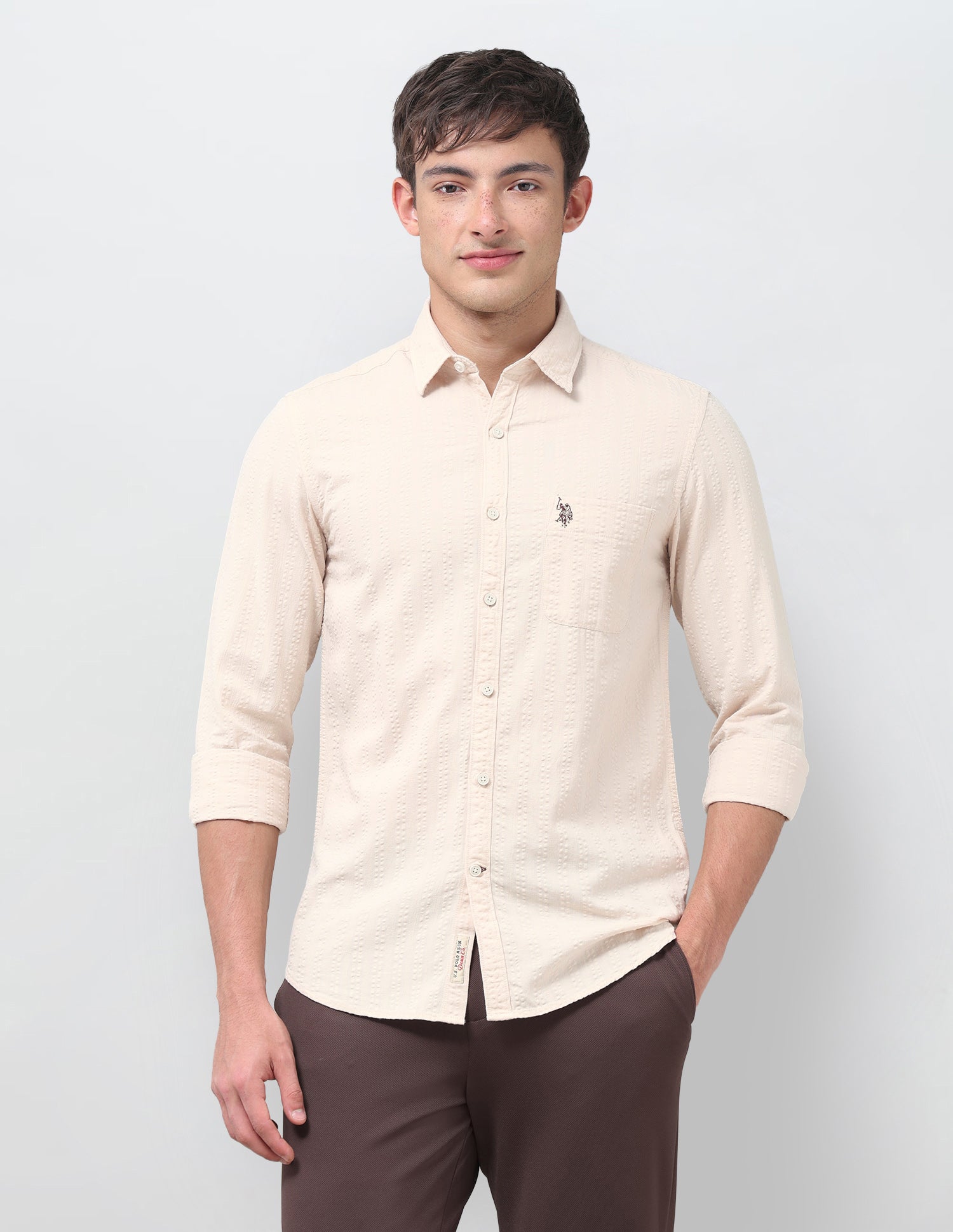 Textured Regular Fit Shirt Beige - U.S. Polo Assn. India | Large