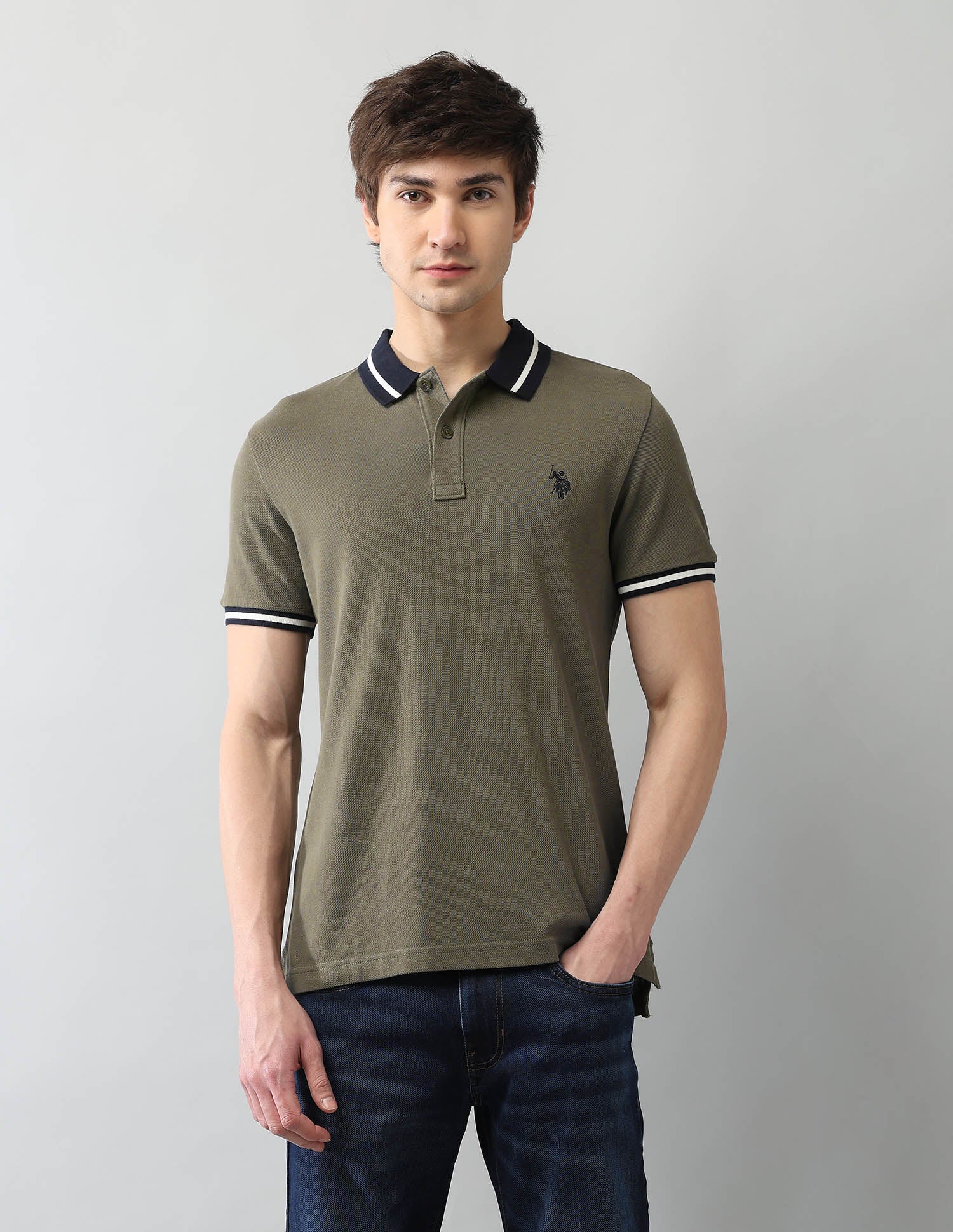 Solid Muscle Fit Polo Shirt Light Olive - U.S. Polo Assn. India | Large