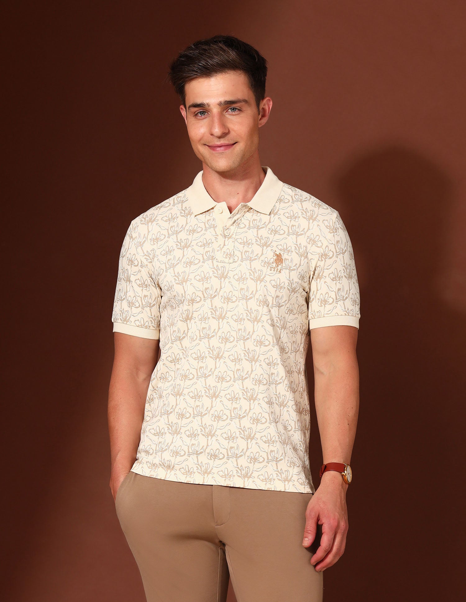 Floral Printed Working Holiday Polo Shirt Beige - U.S. Polo Assn. India | Large
