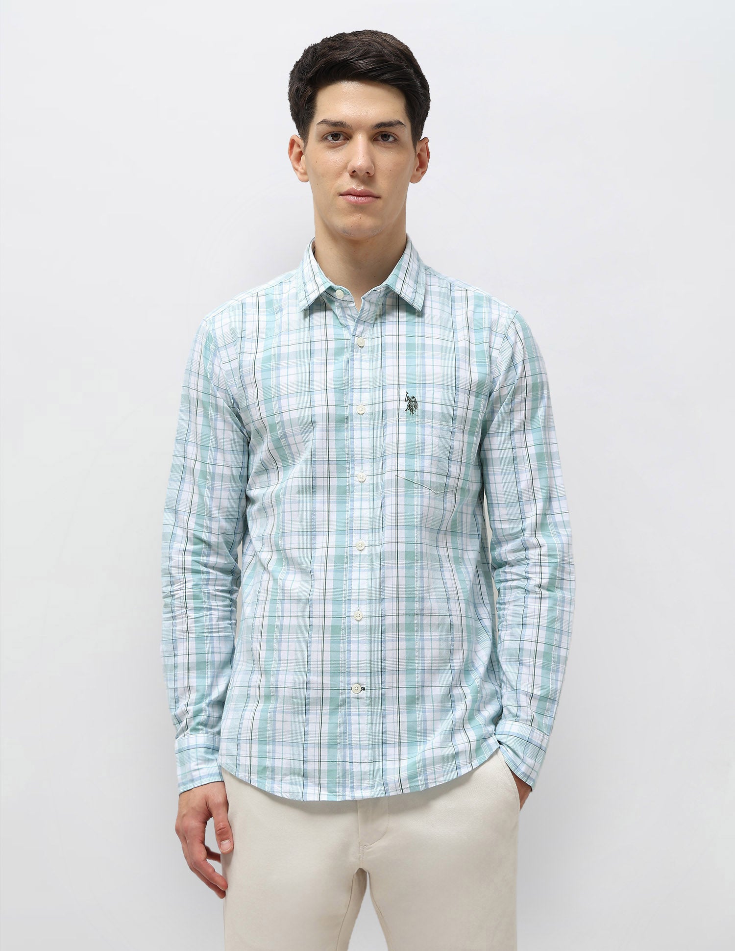Tartan Checked Seersucker Shirt Light Green - U.S. Polo Assn. India | Large