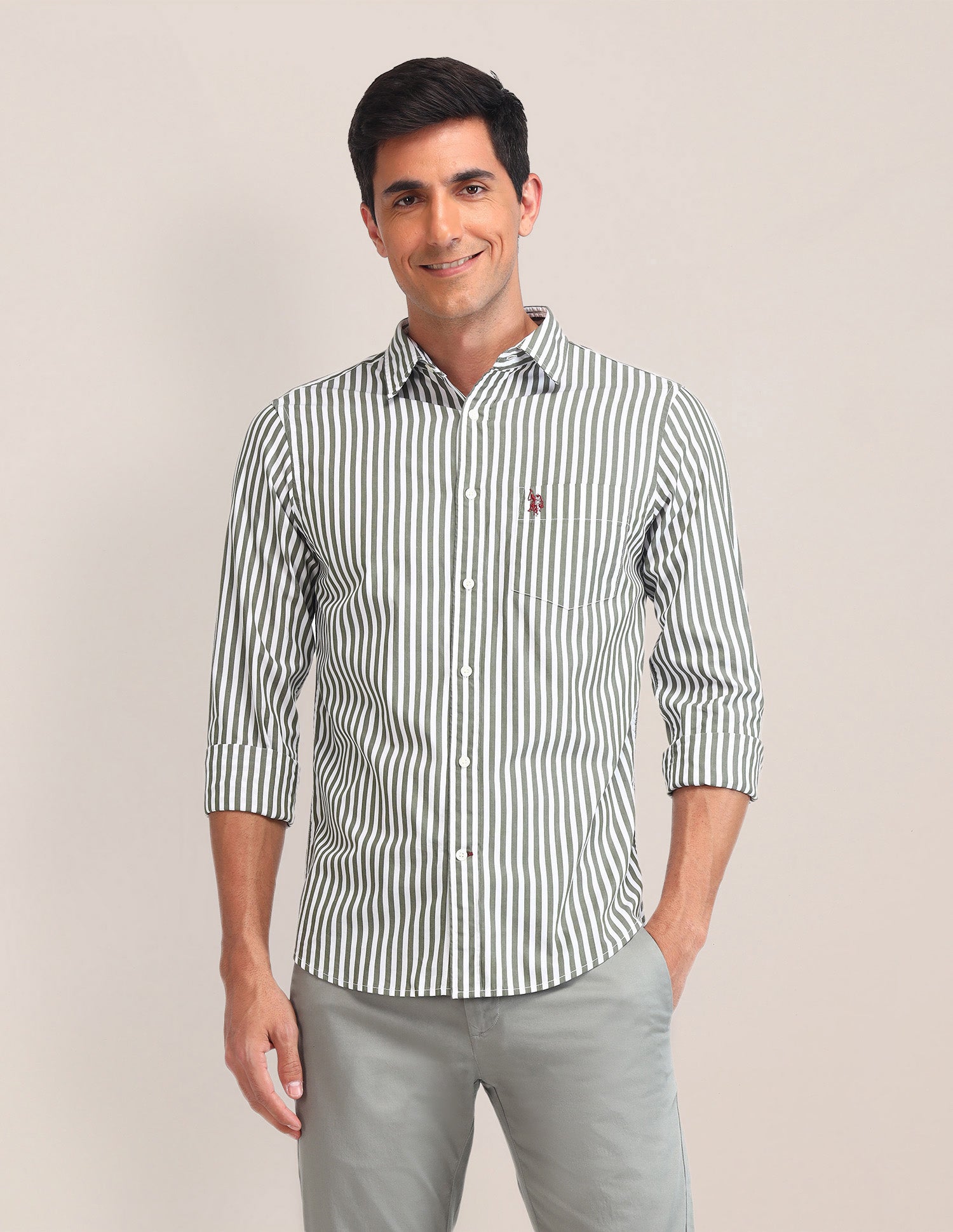 Vertical Striped Poplin Shirt Green - U.S. Polo Assn. India | Large