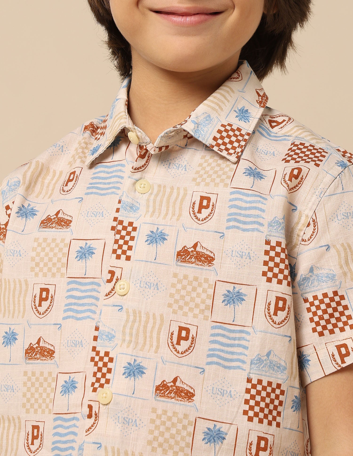 Boys All Over Printed Regular Fit Shirt Beige - U.S. POLO ASSN. | Large