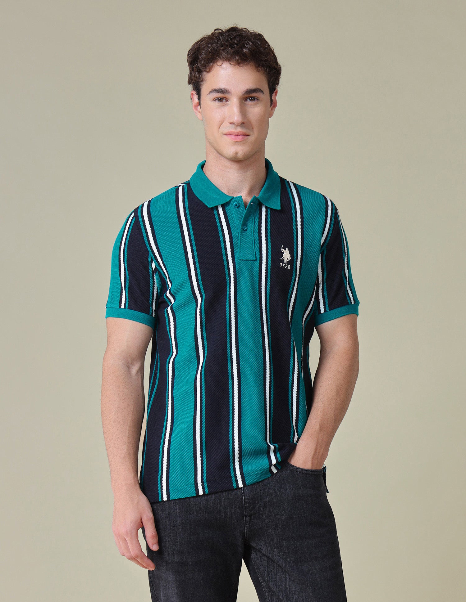 Vertical Striped Regular Fit Polo Shirt Teal - U.S. Polo Assn. India | Large