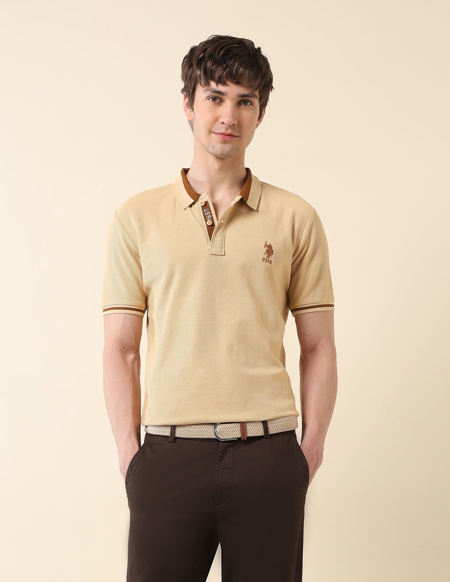 Textured Classic Polo Shirt Light Brown - U.S. Polo Assn. India | Large