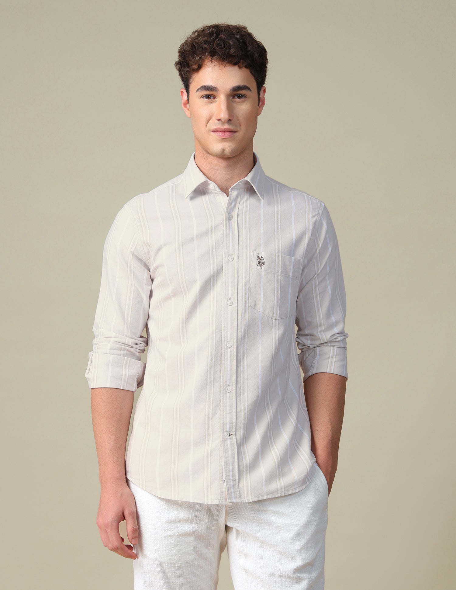 Vertical Striped Oxford Shirt Beige - U.S. Polo Assn. India | Large