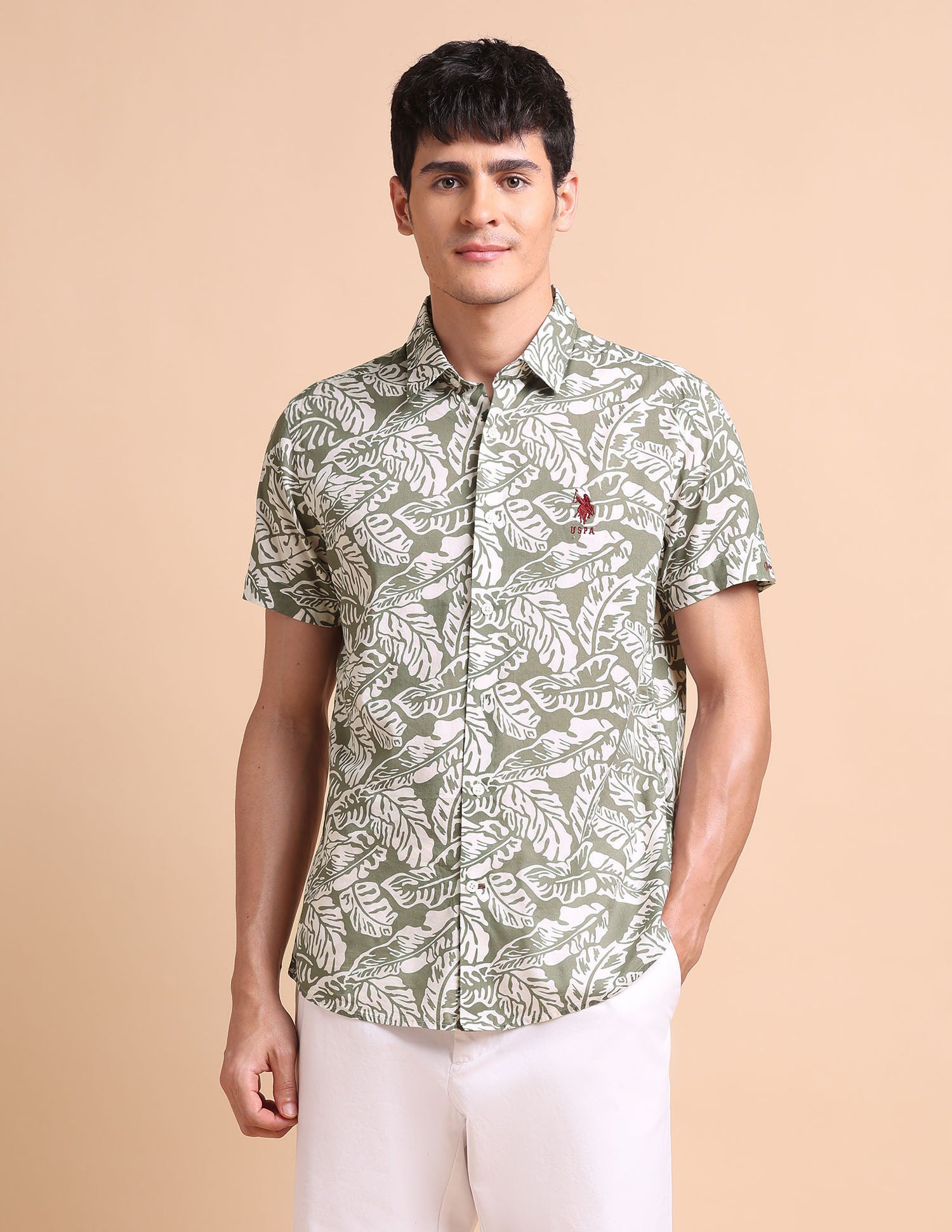 Manhattan Slim Fit All-Over Shirt Light Olive - U.S. POLO ASSN. | Large