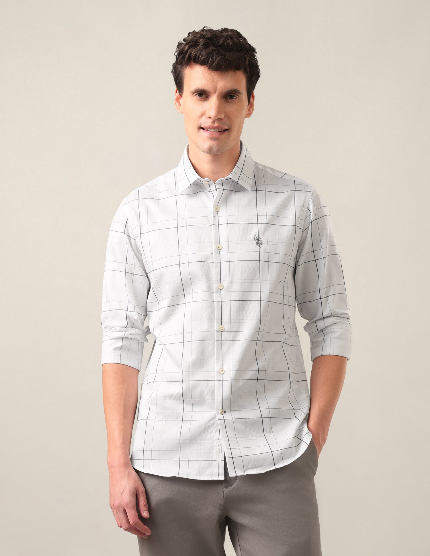 Windowpane Checked Satin Shirt Grey - U.S. Polo Assn. India | Large