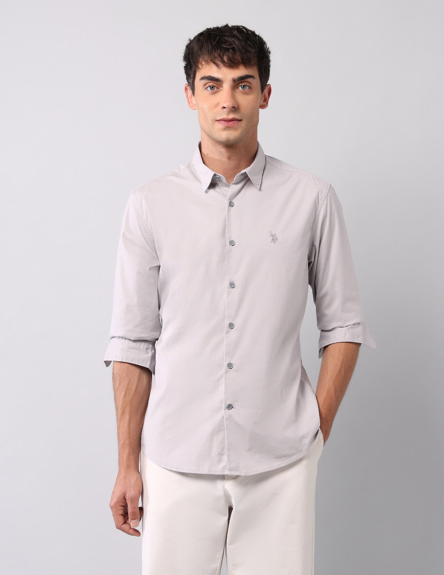 Solid Regular Fit Poplin Shirt Light Grey - U.S. Polo Assn. India | Large