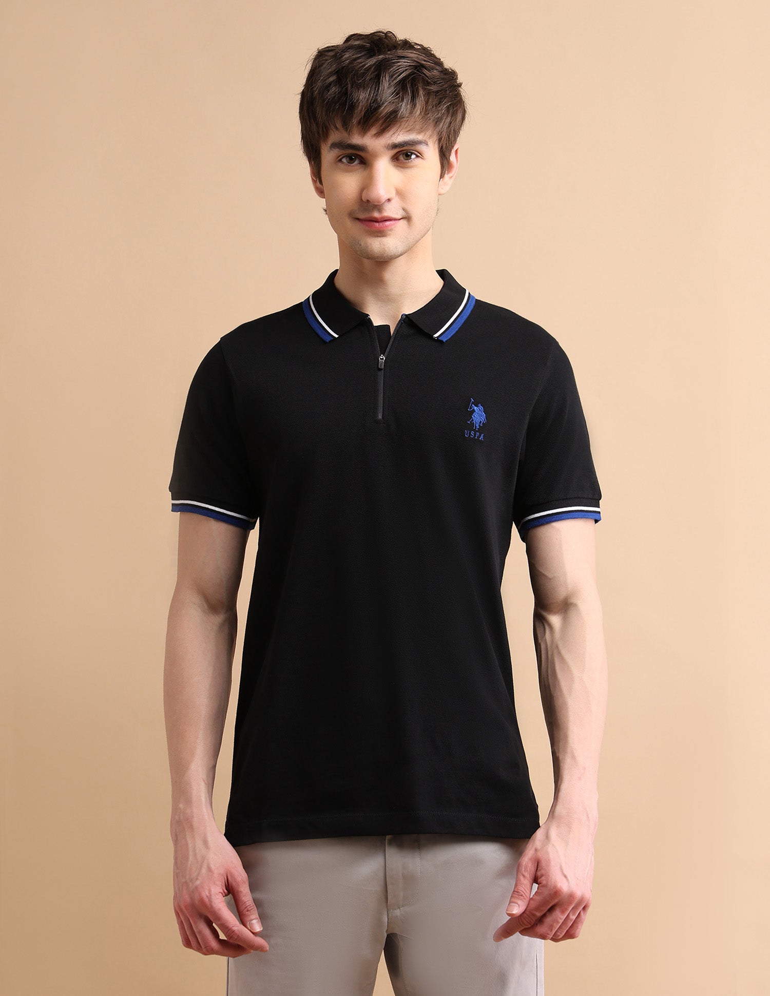 Tipped Zipper Polo Shirt Black - U.S. POLO ASSN. | Large